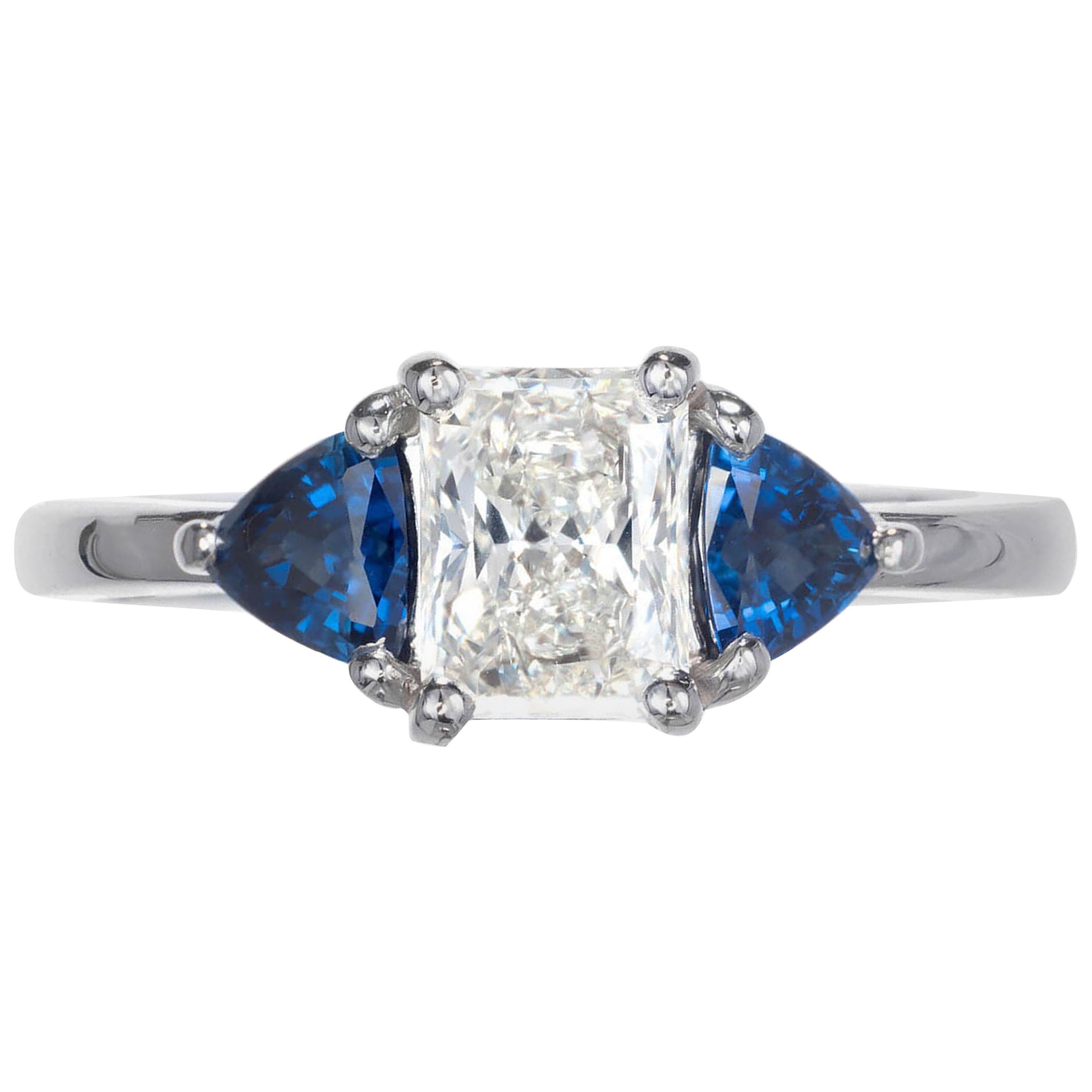 .76 Carat Radiant Cut Diamond Sapphire Platinum Three-Stone Engagement Ring