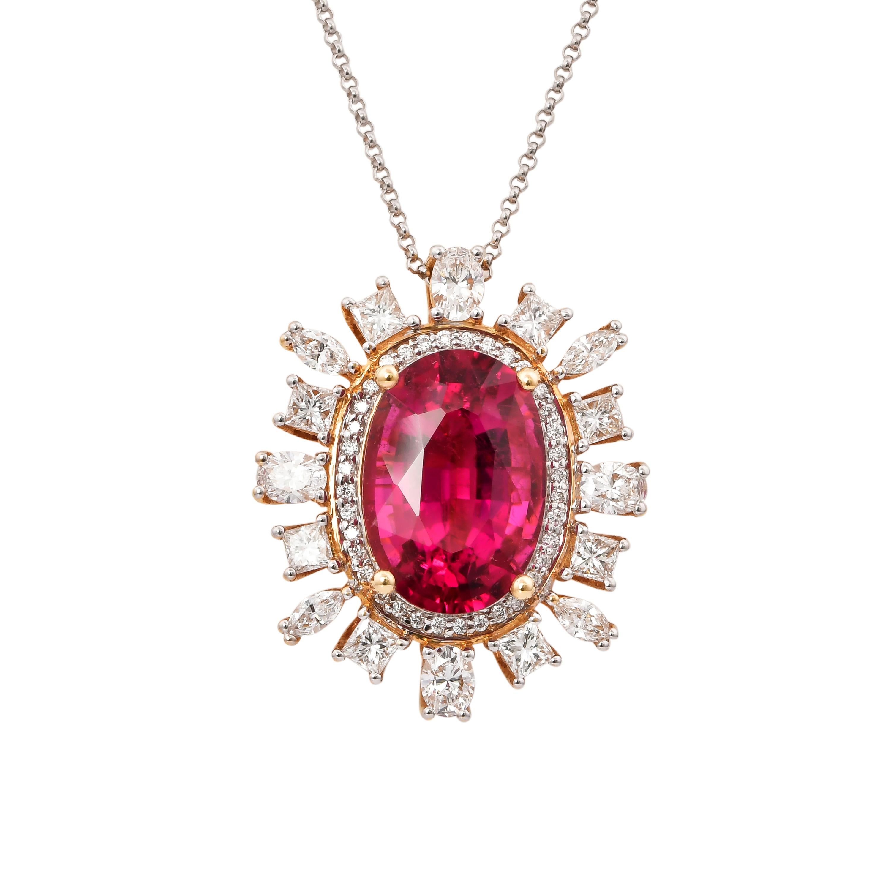 This collection features the most radiant Rubellite Tourmalines. These gemstones show a magnificent and regal deep red colour, and the yellow gold and diamond accents makes these pieces a true showstopper. 

Classic Rubellite tourmaline pendant in