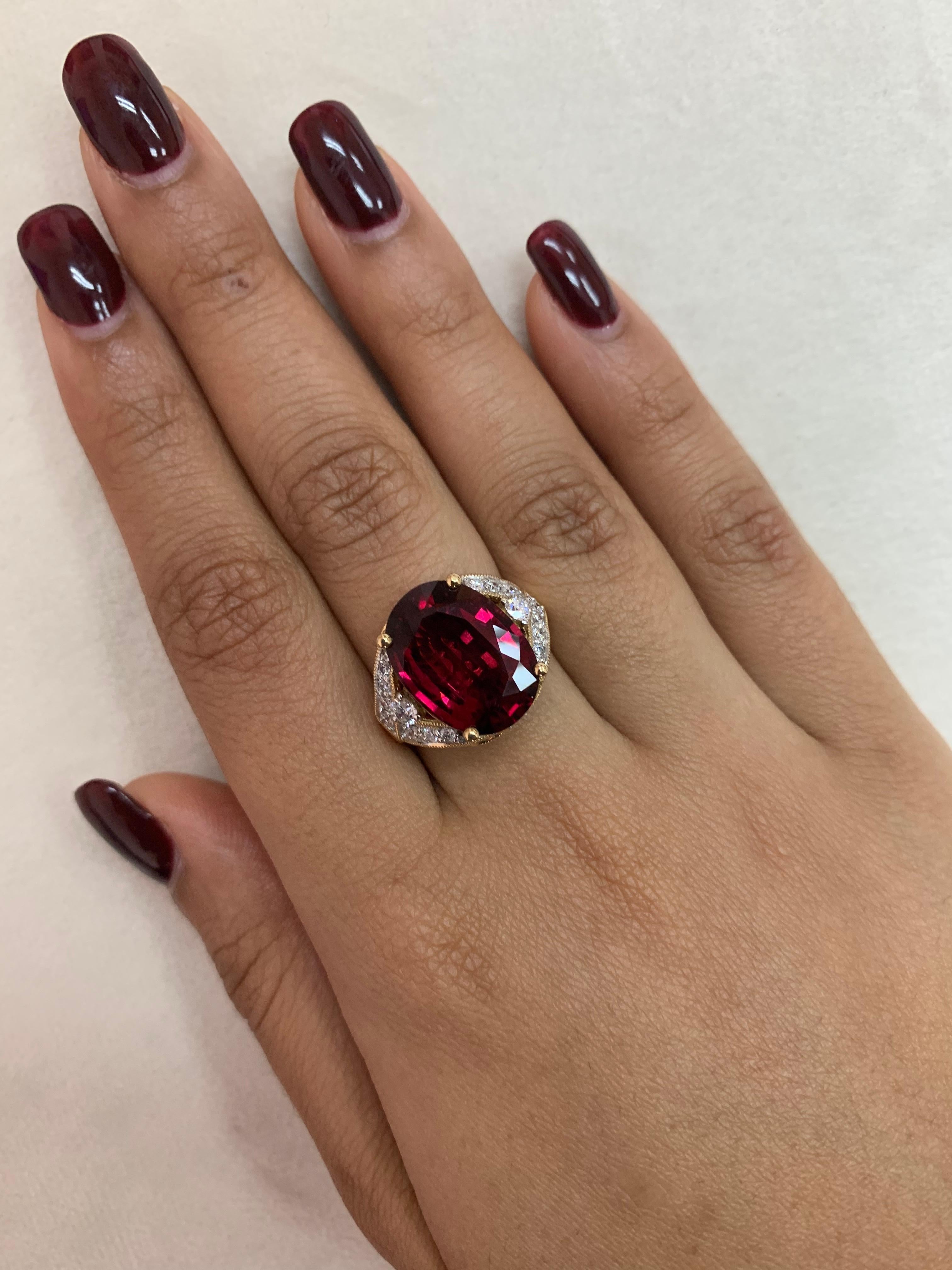 This collection of rings features the most radiant rubelite tourmalines. These gemstones show a magnificant and regal deep red colour, and the yellow gold and diamond accents makes these pieces a true show stopper. 

Classic rubelite tourmaline ring
