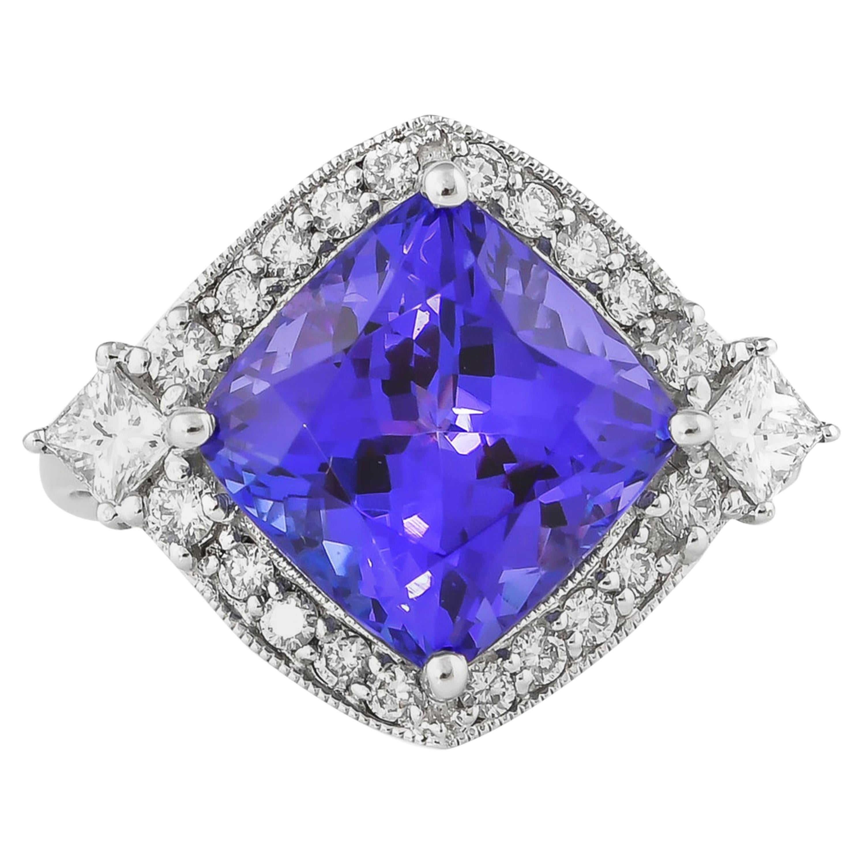 7.6 Carat Tanzanite and White Diamond Ring in 18 Karat White Gold