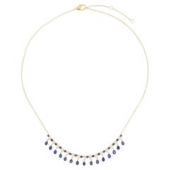 Collana a maglie in oro giallo 14K con zaffiro blu da 3,80 ct e diamanti per un totale di 0,50 ct