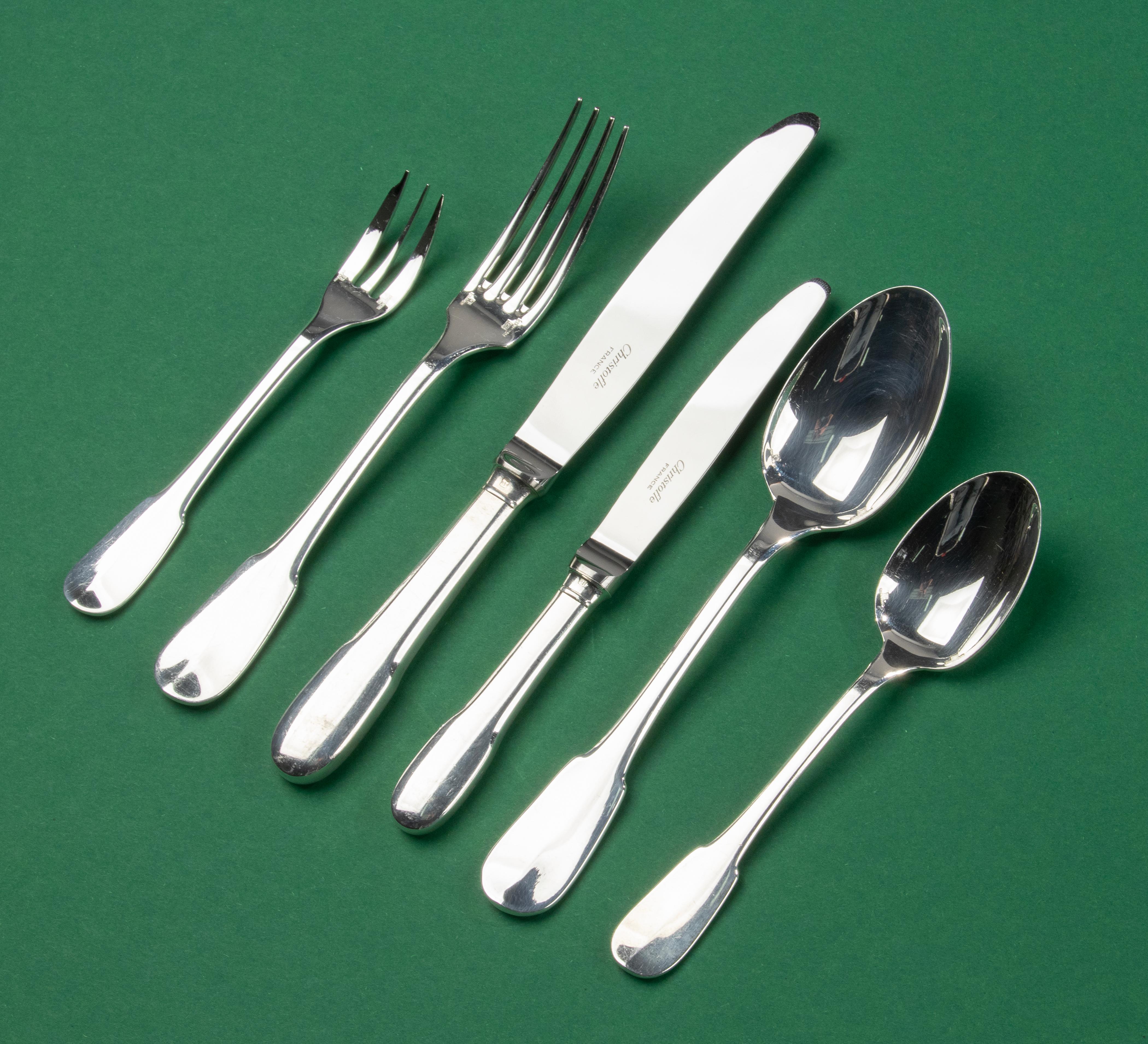 Beautiful set of silver plated table cutlery from the French brand Christofle.
The cutlery is in very good condition, it looks like it has hardly been used. Beautiful color and shine. 
Cluny is a lovely pattern, it is an elegant and timeless