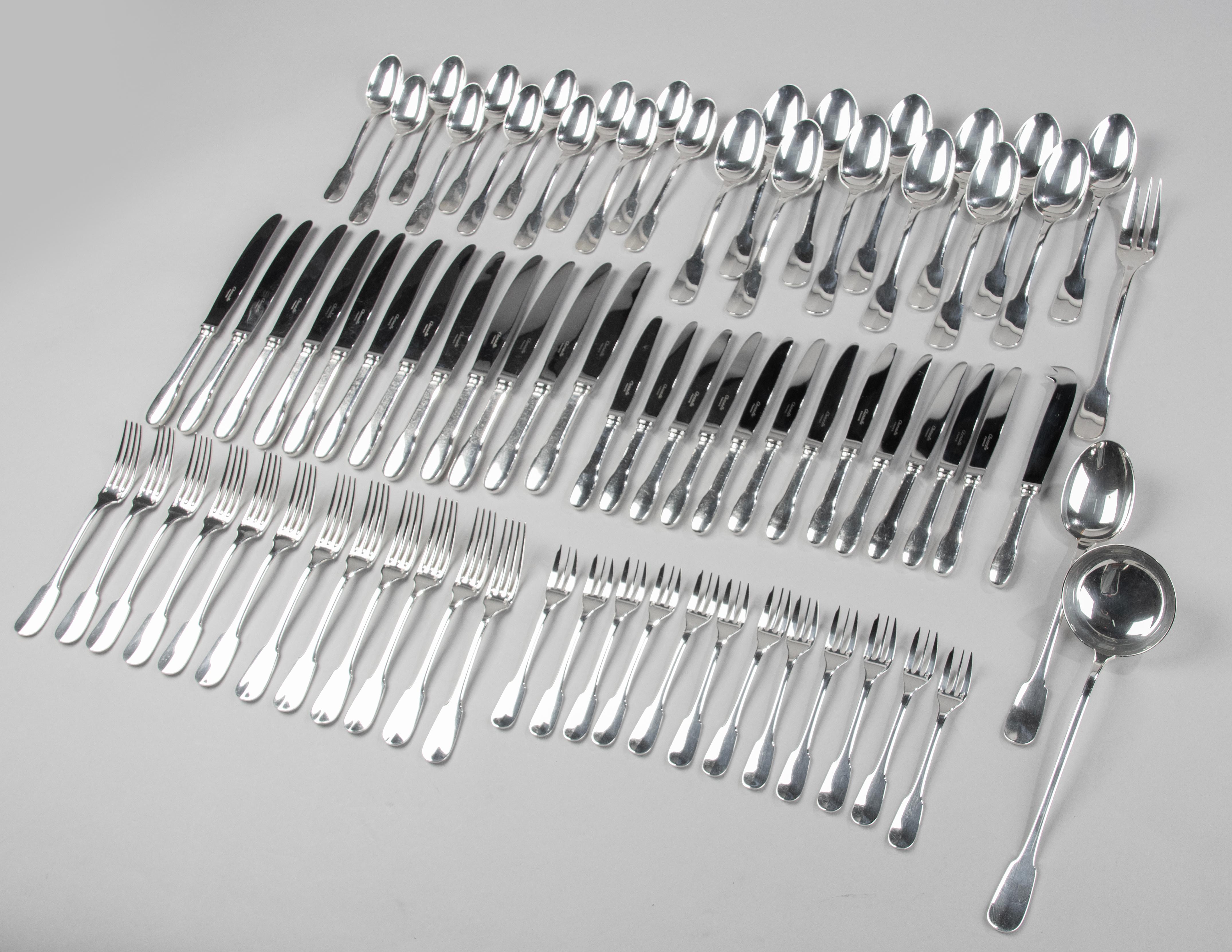 Neoclassical 76-Piece Set of Silver Plated Flatware, Christofle Model Cluny