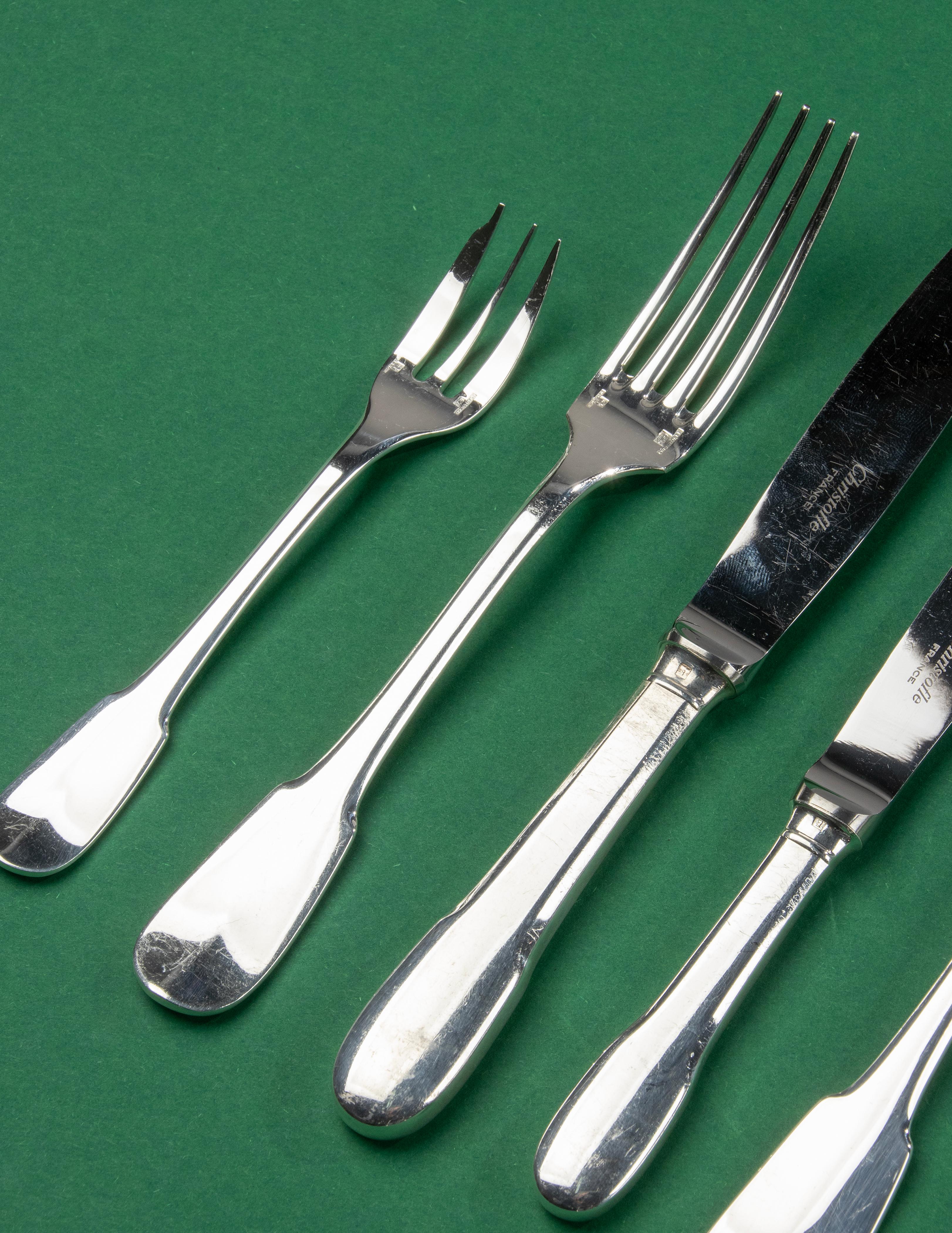 Hand-Crafted 76-Piece Set of Silver Plated Flatware, Christofle Model Cluny