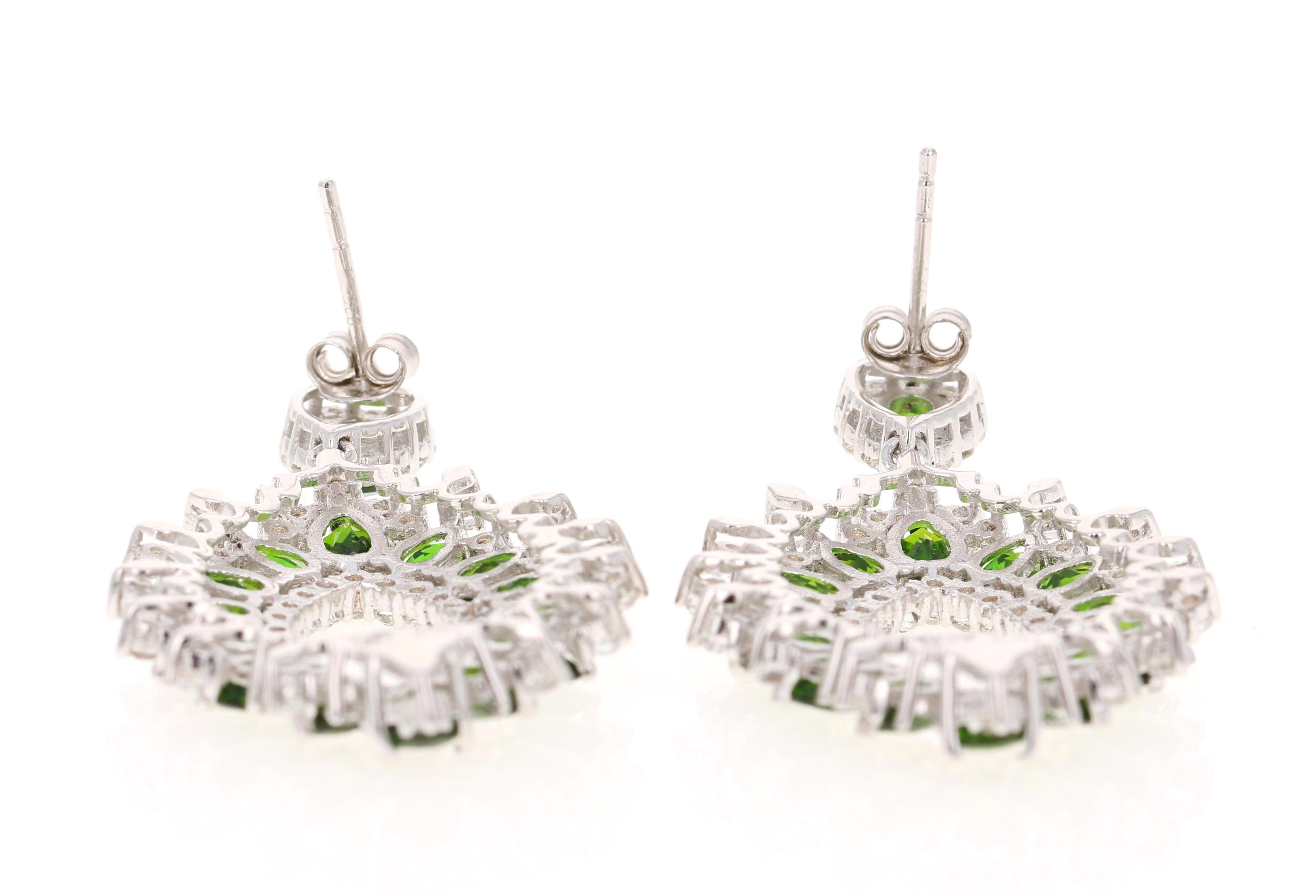 Pear Cut 7.60 Carat Chrome Diopside White Topaz Silver Earrings