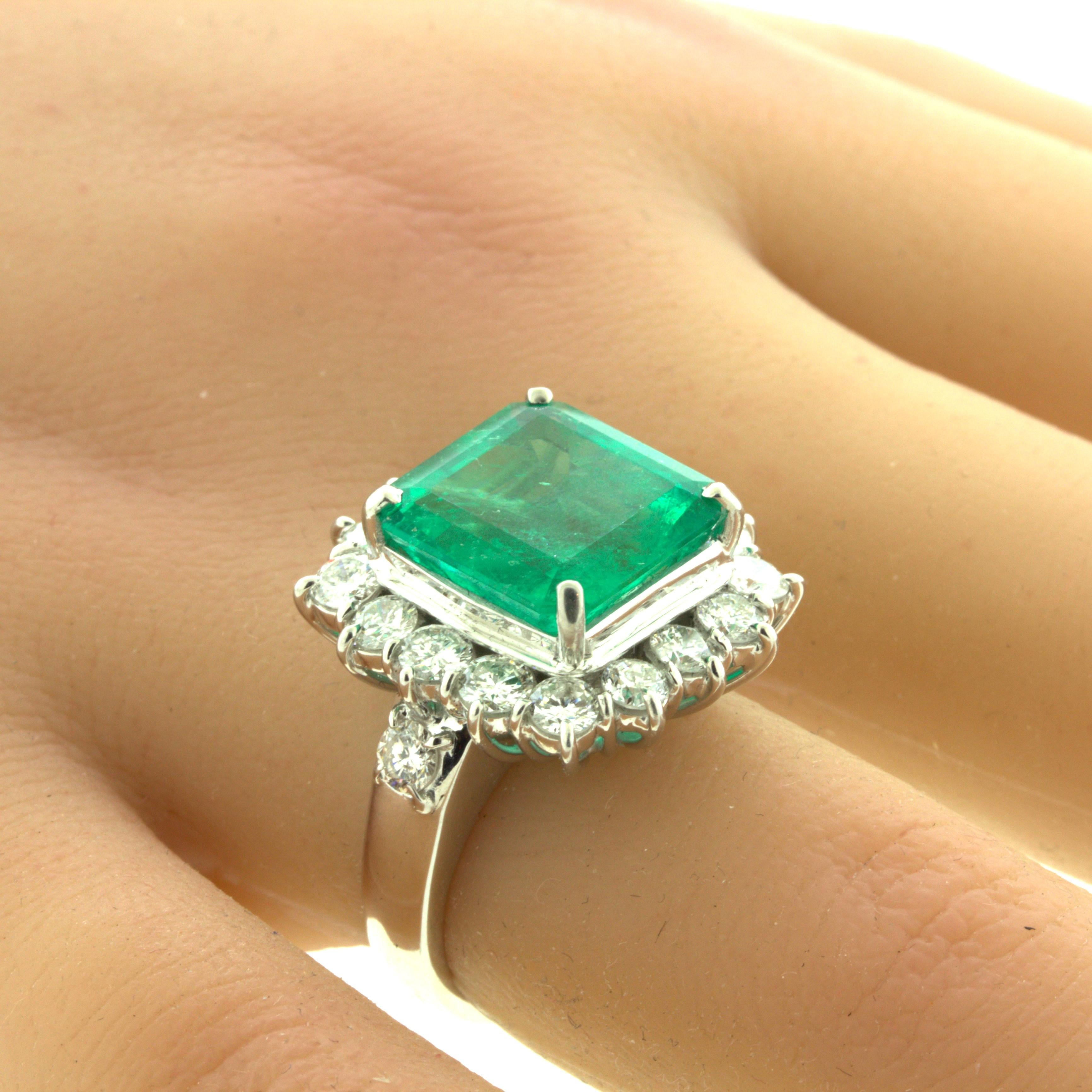 7.60 Carat Colombian Emerald Diamond Halo Platinum Ring, GRS Certified For Sale 5