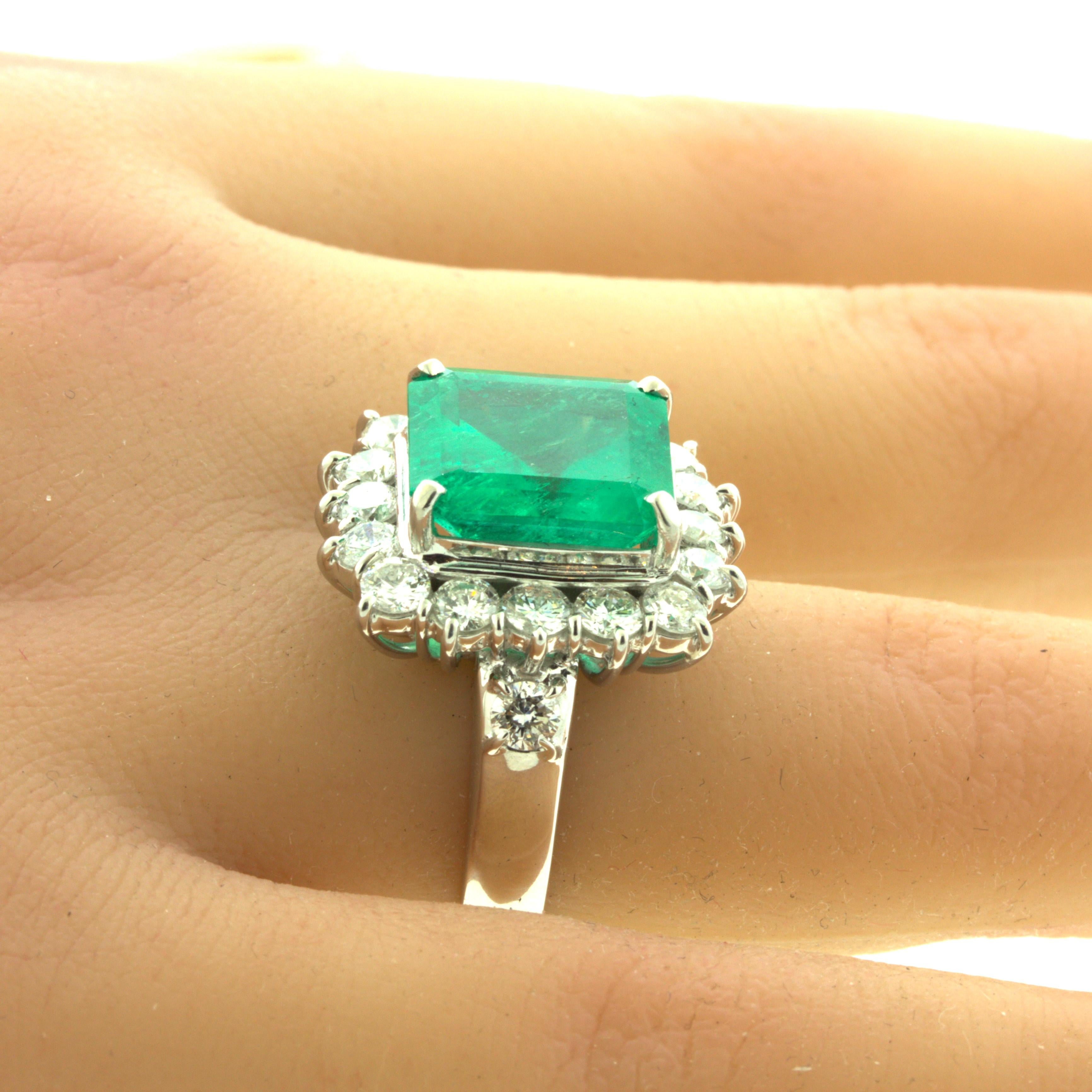 7.60 Carat Colombian Emerald Diamond Halo Platinum Ring, GRS Certified For Sale 6