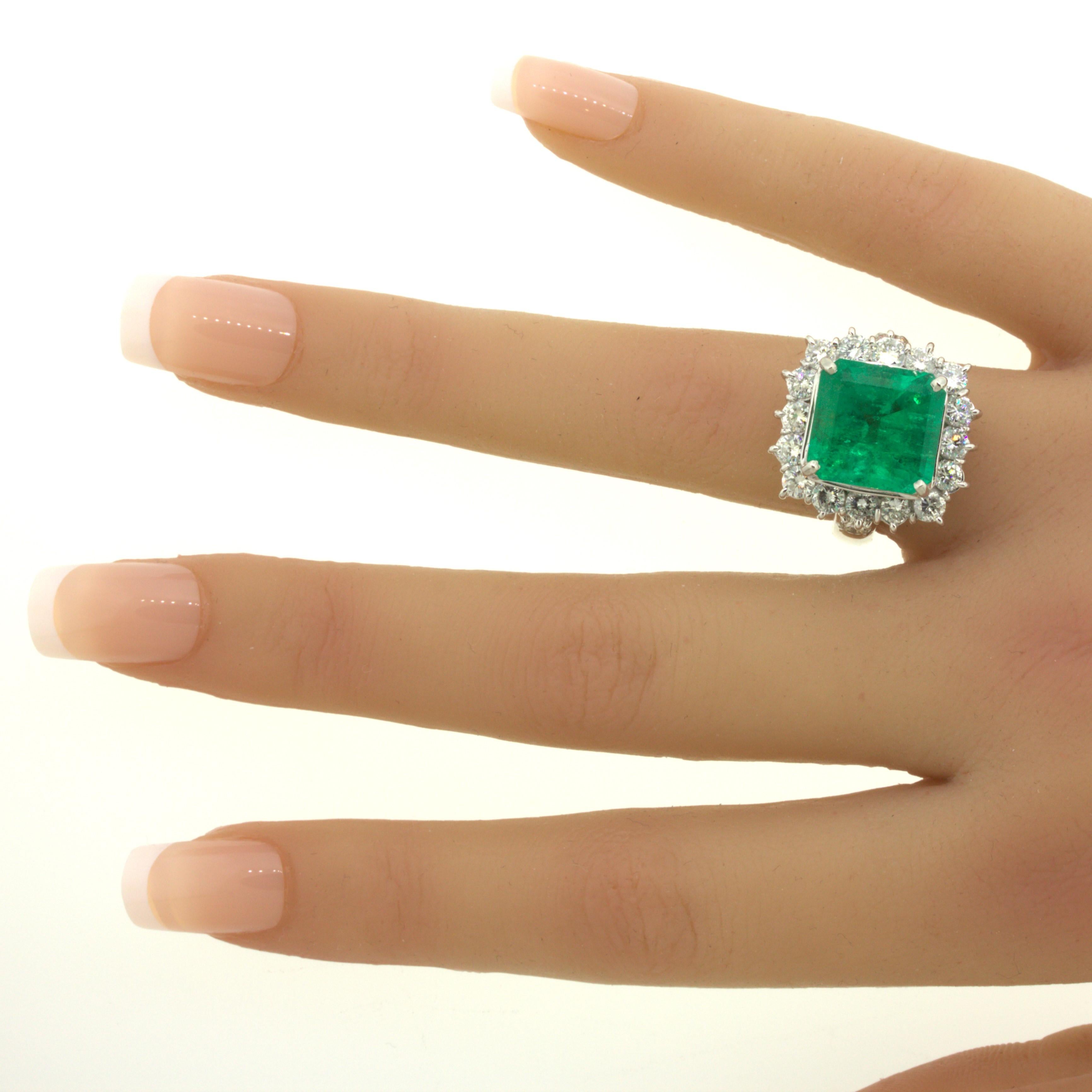 7.60 Carat Colombian Emerald Diamond Halo Platinum Ring, GRS Certified For Sale 8