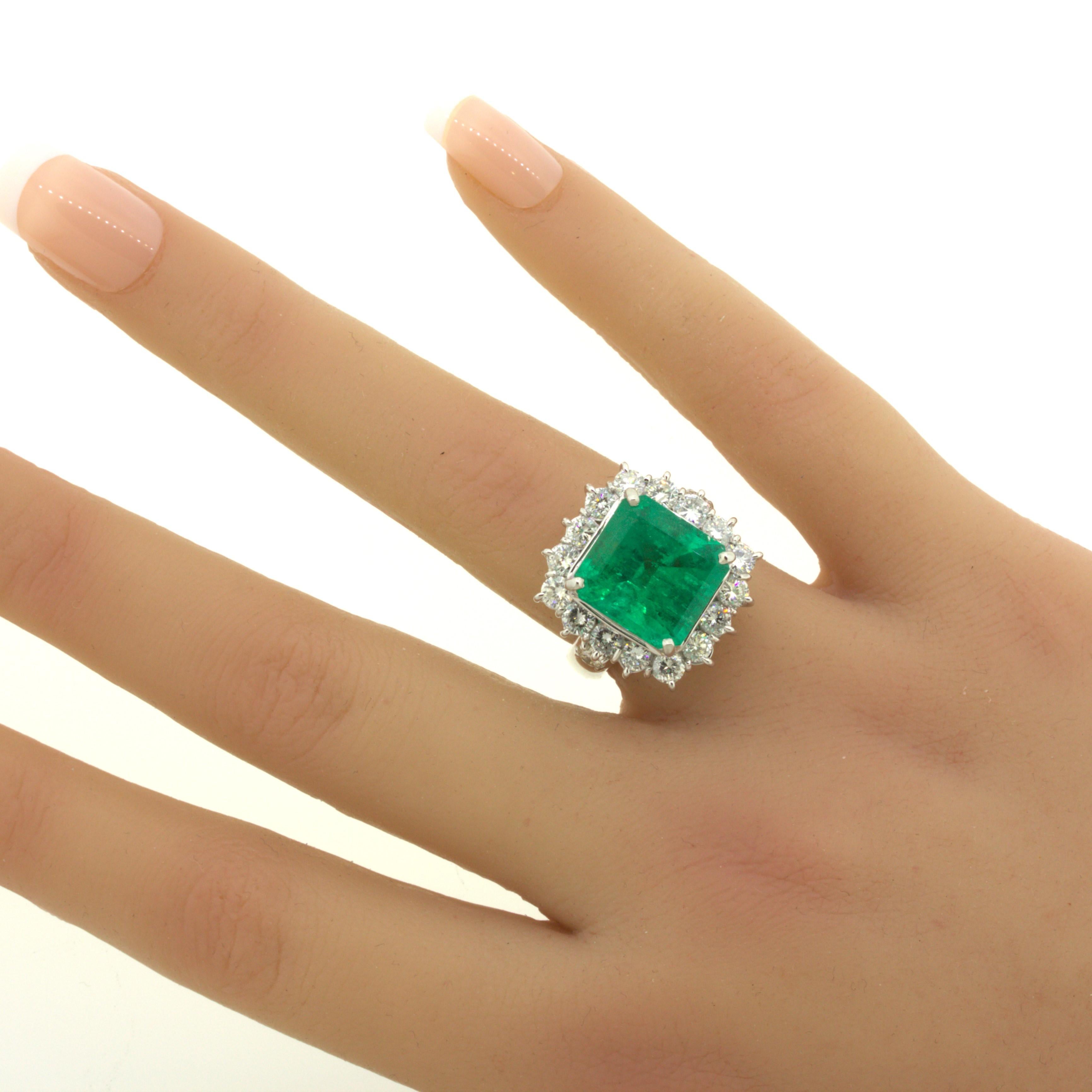 7.60 Carat Colombian Emerald Diamond Halo Platinum Ring, GRS Certified For Sale 9