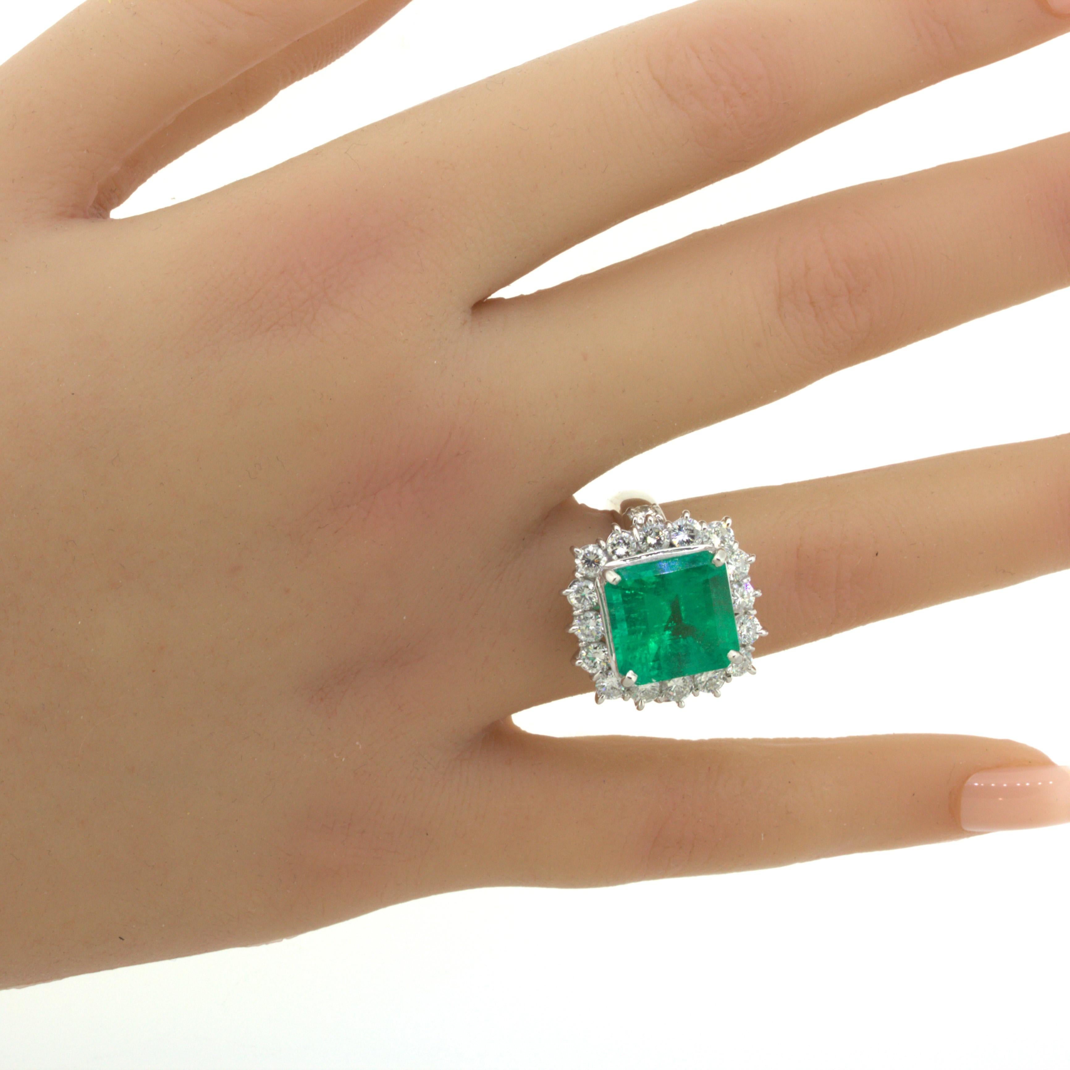 7.60 Carat Colombian Emerald Diamond Halo Platinum Ring, GRS Certified For Sale 10