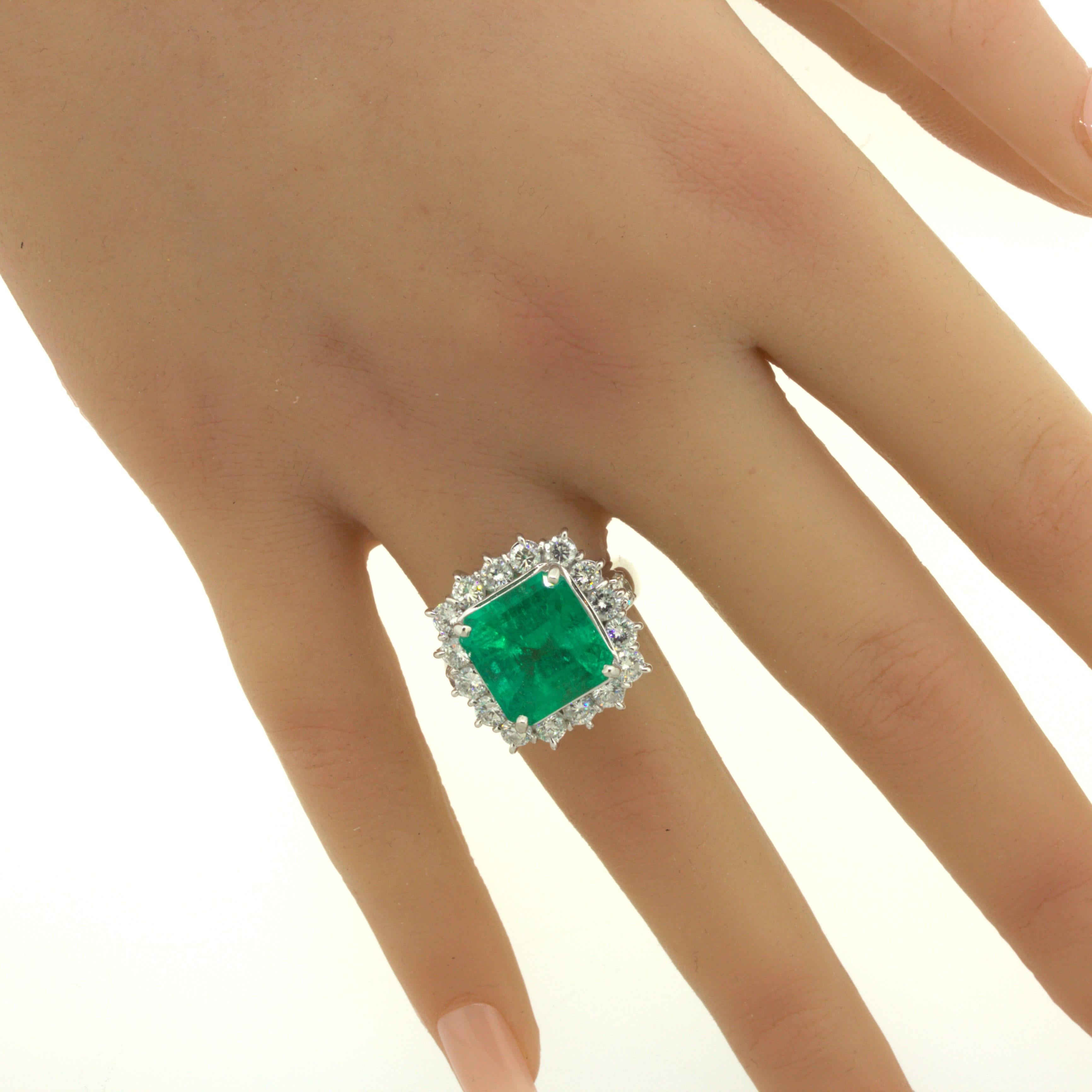 7.60 Carat Colombian Emerald Diamond Halo Platinum Ring, GRS Certified For Sale 11