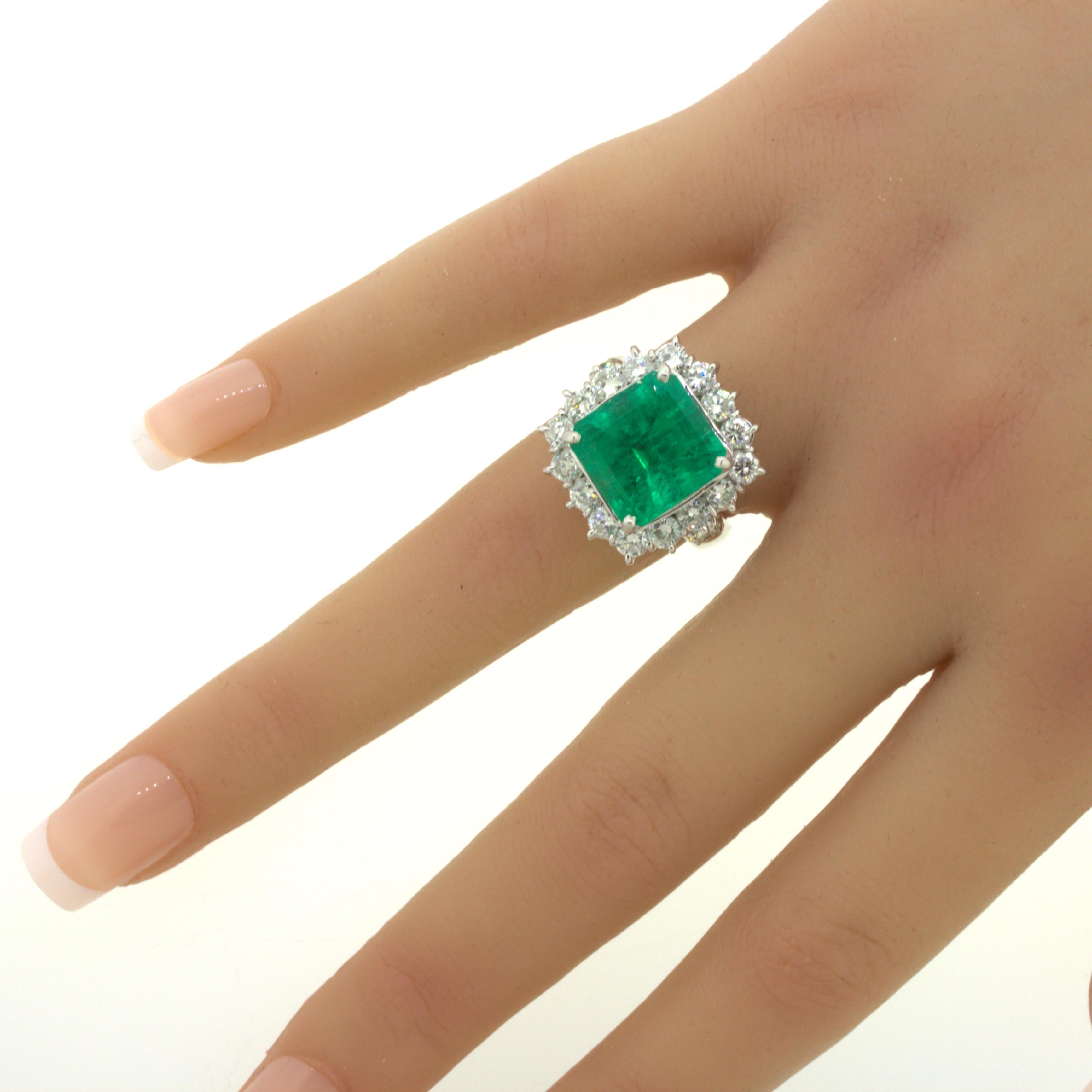 7.60 Carat Colombian Emerald Diamond Halo Platinum Ring, GRS Certified For Sale 12