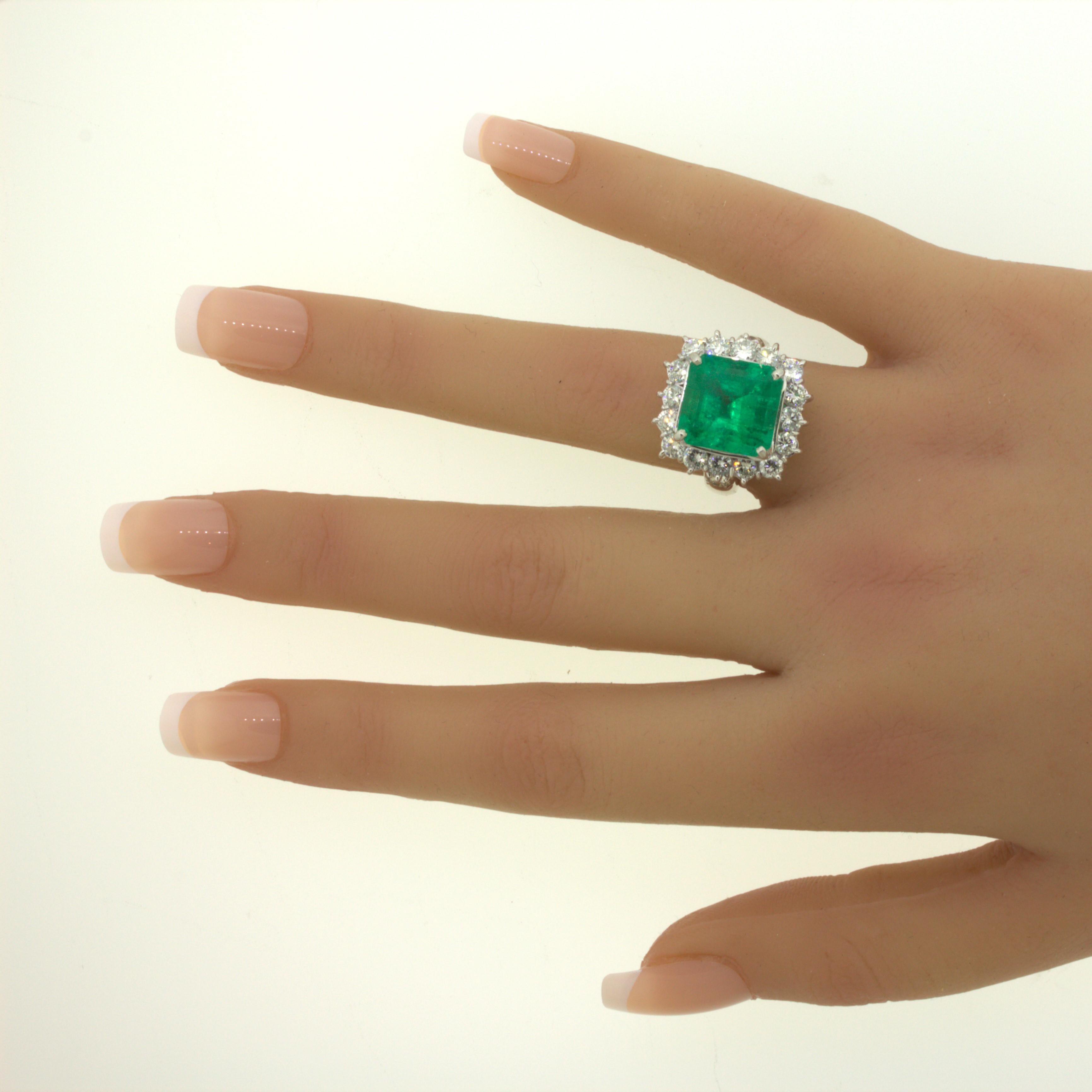 7.60 Carat Colombian Emerald Diamond Halo Platinum Ring, GRS Certified For Sale 13