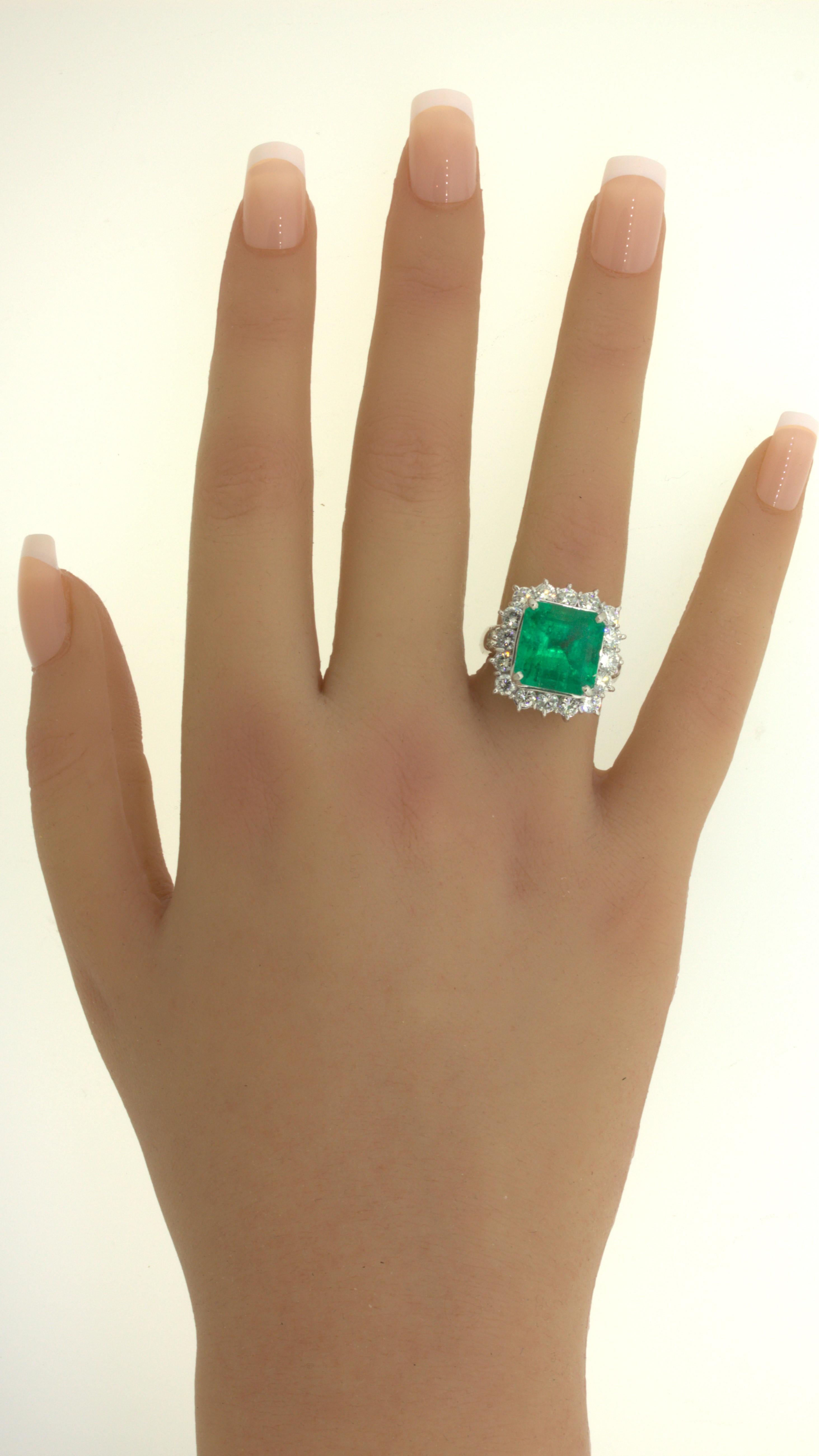7.60 Carat Colombian Emerald Diamond Halo Platinum Ring, GRS Certified For Sale 14