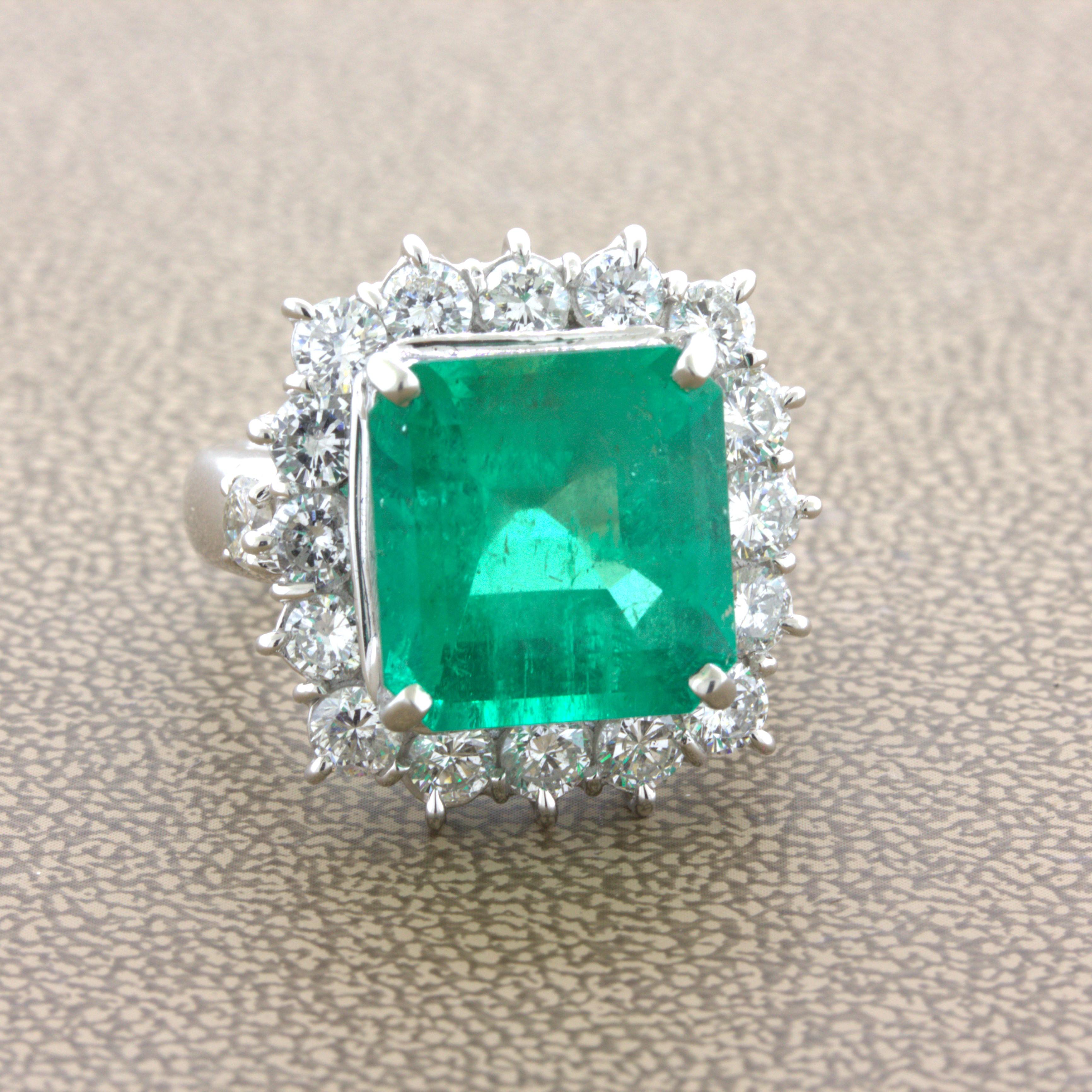 Emerald Cut 7.60 Carat Colombian Emerald Diamond Halo Platinum Ring, GRS Certified For Sale