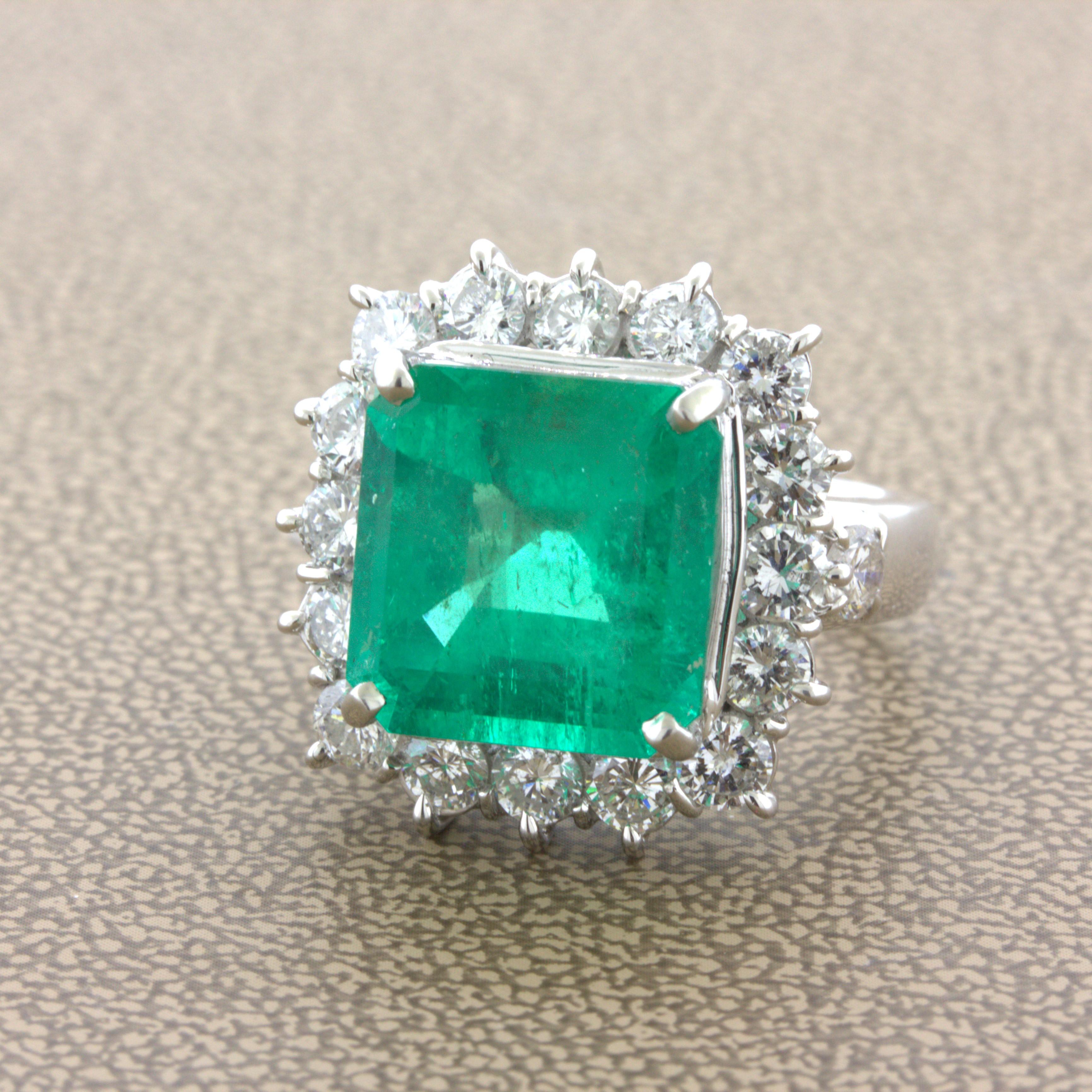 7.60 Carat Colombian Emerald Diamond Halo Platinum Ring, GRS Certified In New Condition For Sale In Beverly Hills, CA