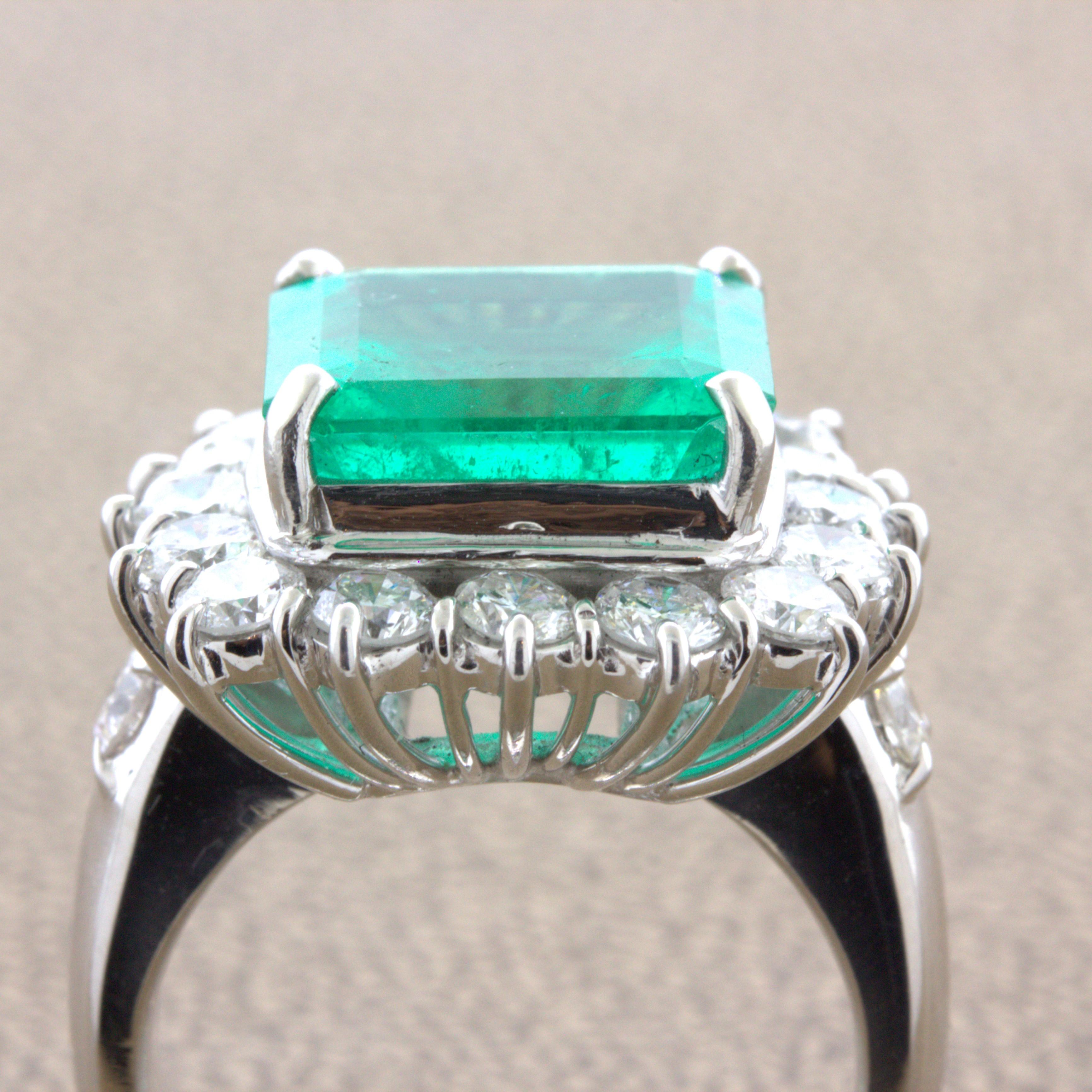 7.60 Carat Colombian Emerald Diamond Halo Platinum Ring, GRS Certified For Sale 2