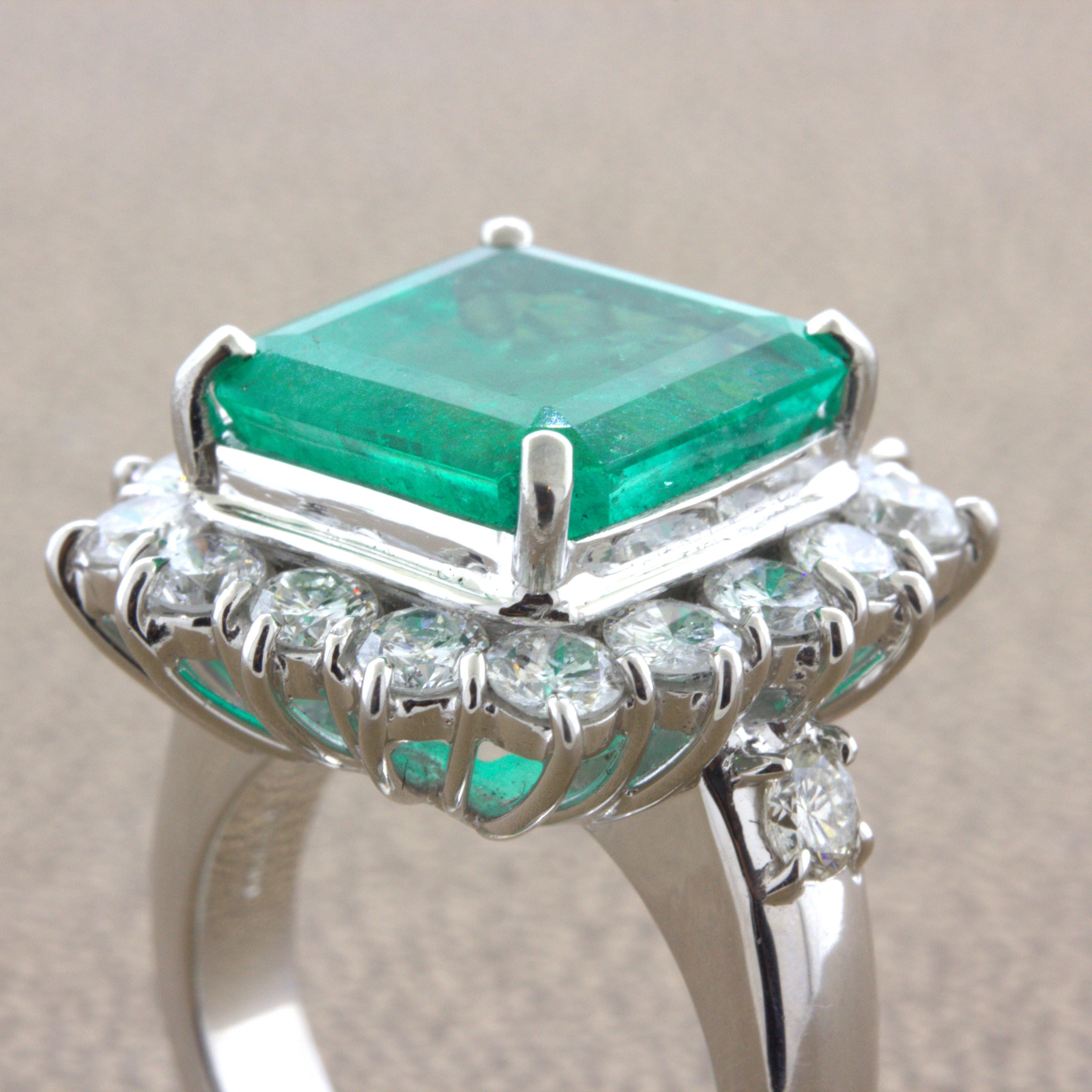 7.60 Carat Colombian Emerald Diamond Halo Platinum Ring, GRS Certified For Sale 3