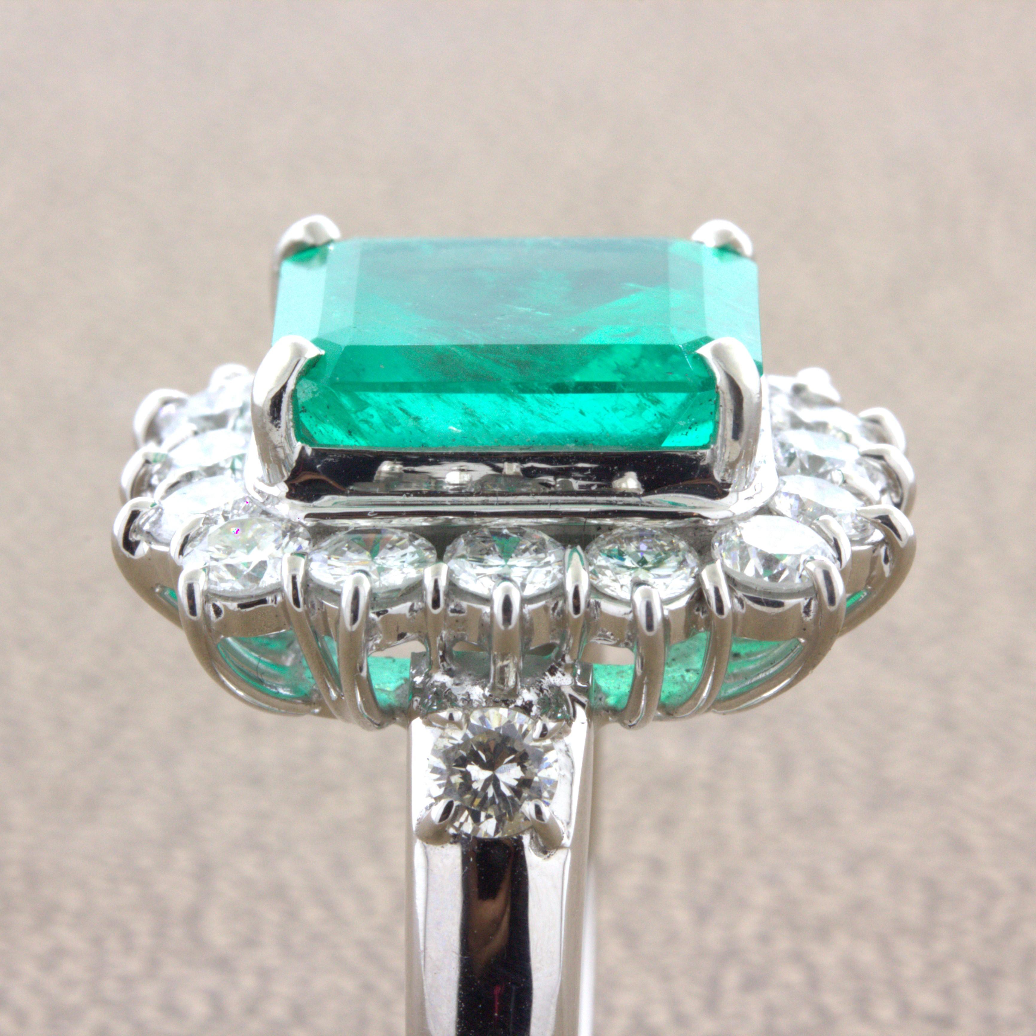 7.60 Carat Colombian Emerald Diamond Halo Platinum Ring, GRS Certified For Sale 4