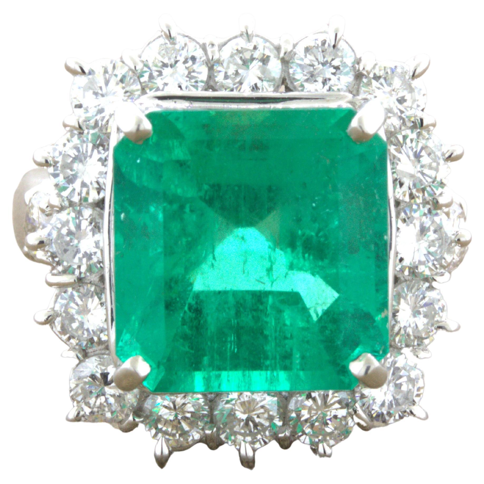 7.60 Carat Colombian Emerald Diamond Halo Platinum Ring, GRS Certified For Sale