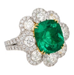 7.60 Carat Colombian Emerald GRS Certified Cushion Cut Diamond Ring