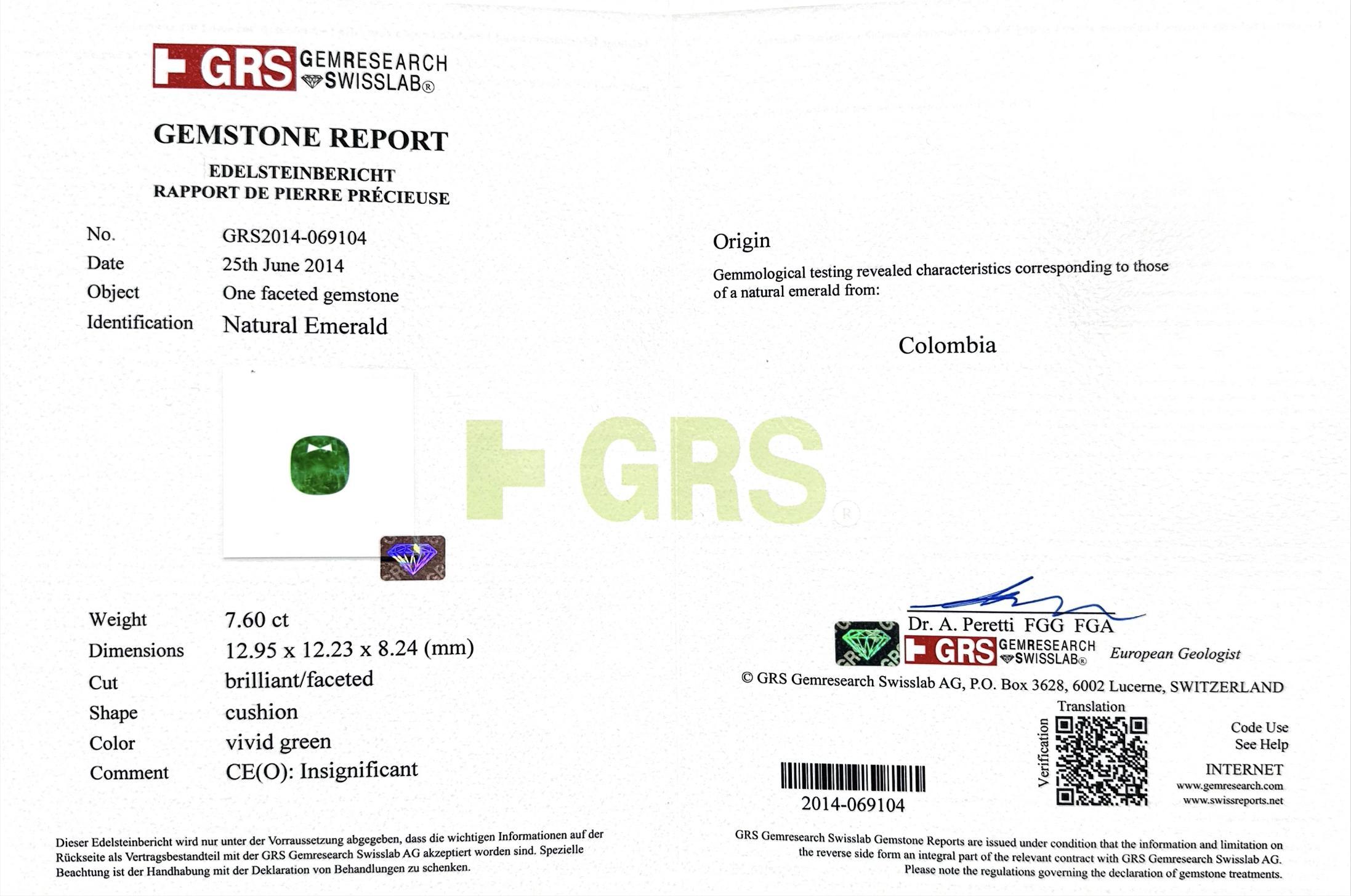 7,60 Karat kolumbianischer Smaragd GRS zertifizierter Kissenschliff Minor Oil Diamant 18 Ring im Angebot 4