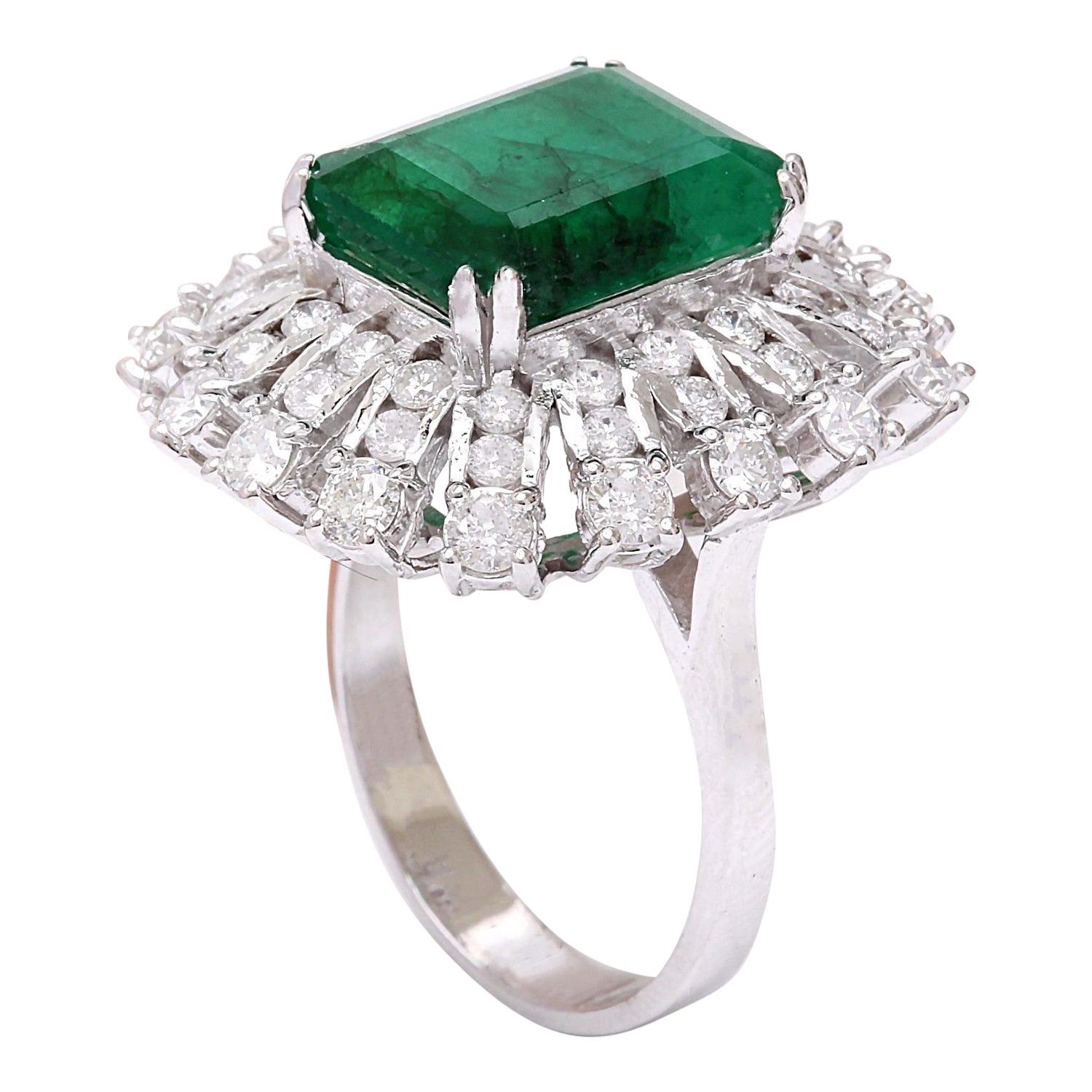 Emerald Cut Dazzling Natural Emerald Diamond Ring In 14 Karat Solid White Gold For Sale