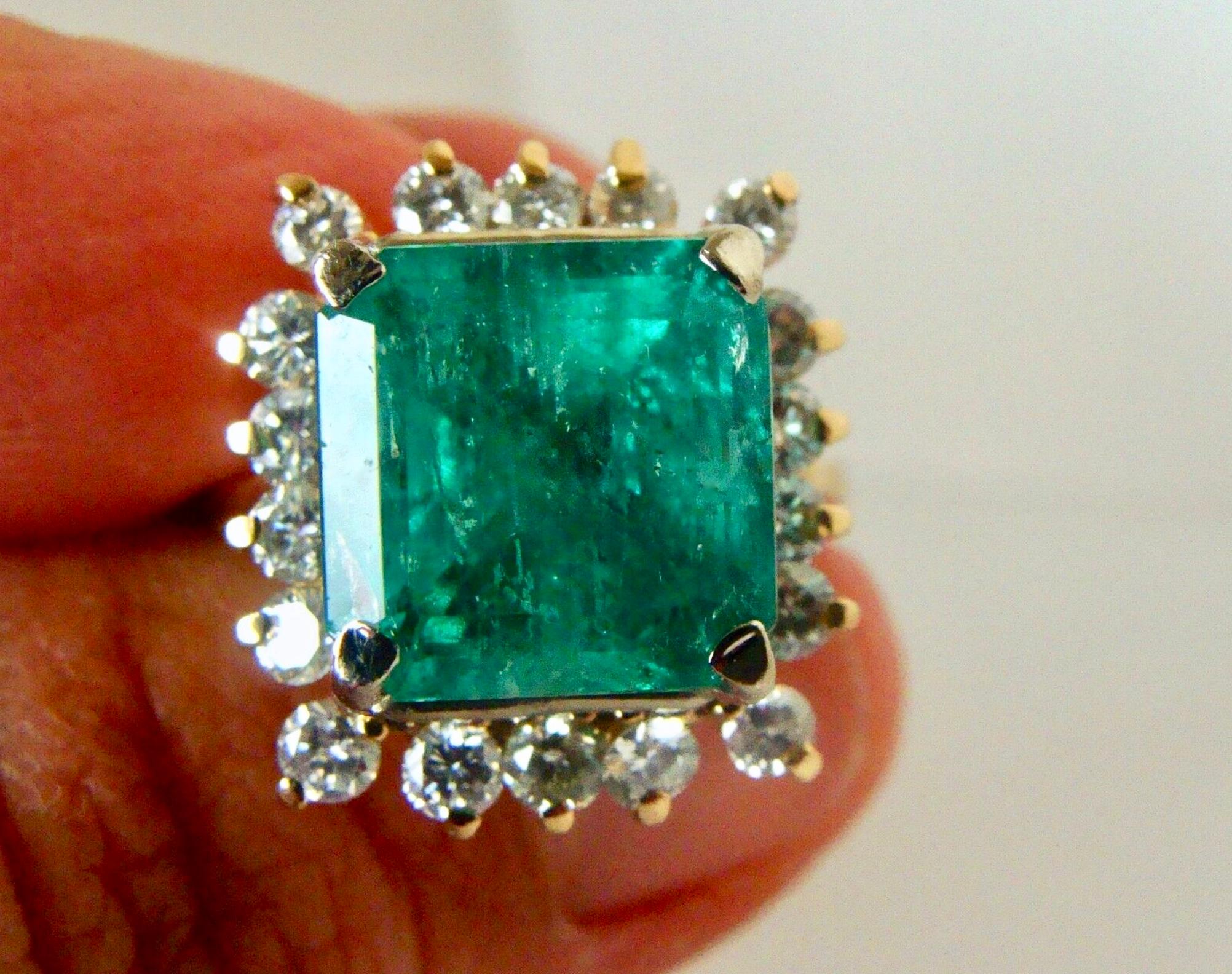Emerald Cut 7.60 Carat Natural Colombian Emerald and Diamond Ring For Sale
