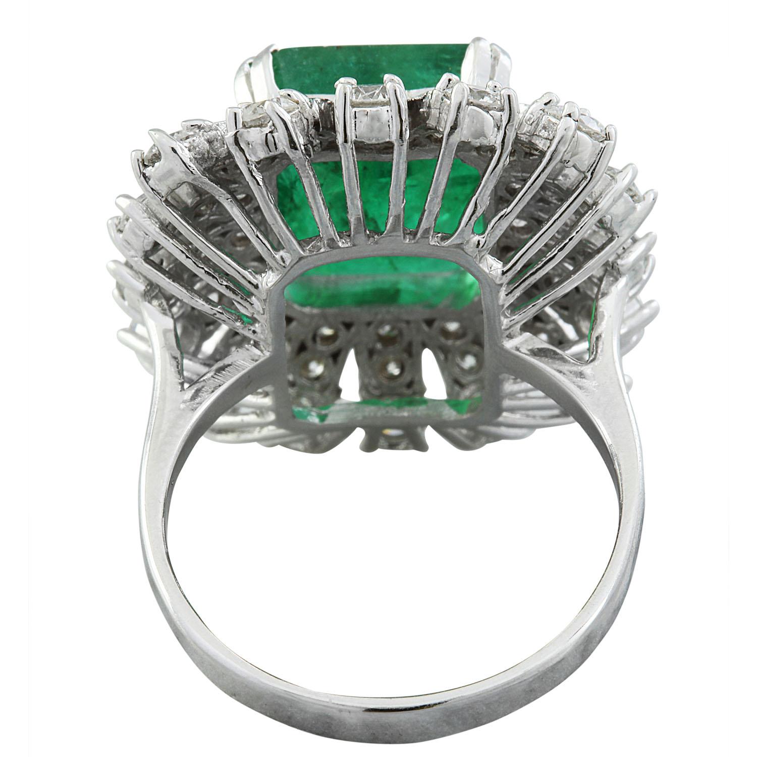 Emerald Cut 7.60 Carat Natural Emerald 14 Karat Solid White Gold Diamond Ring For Sale