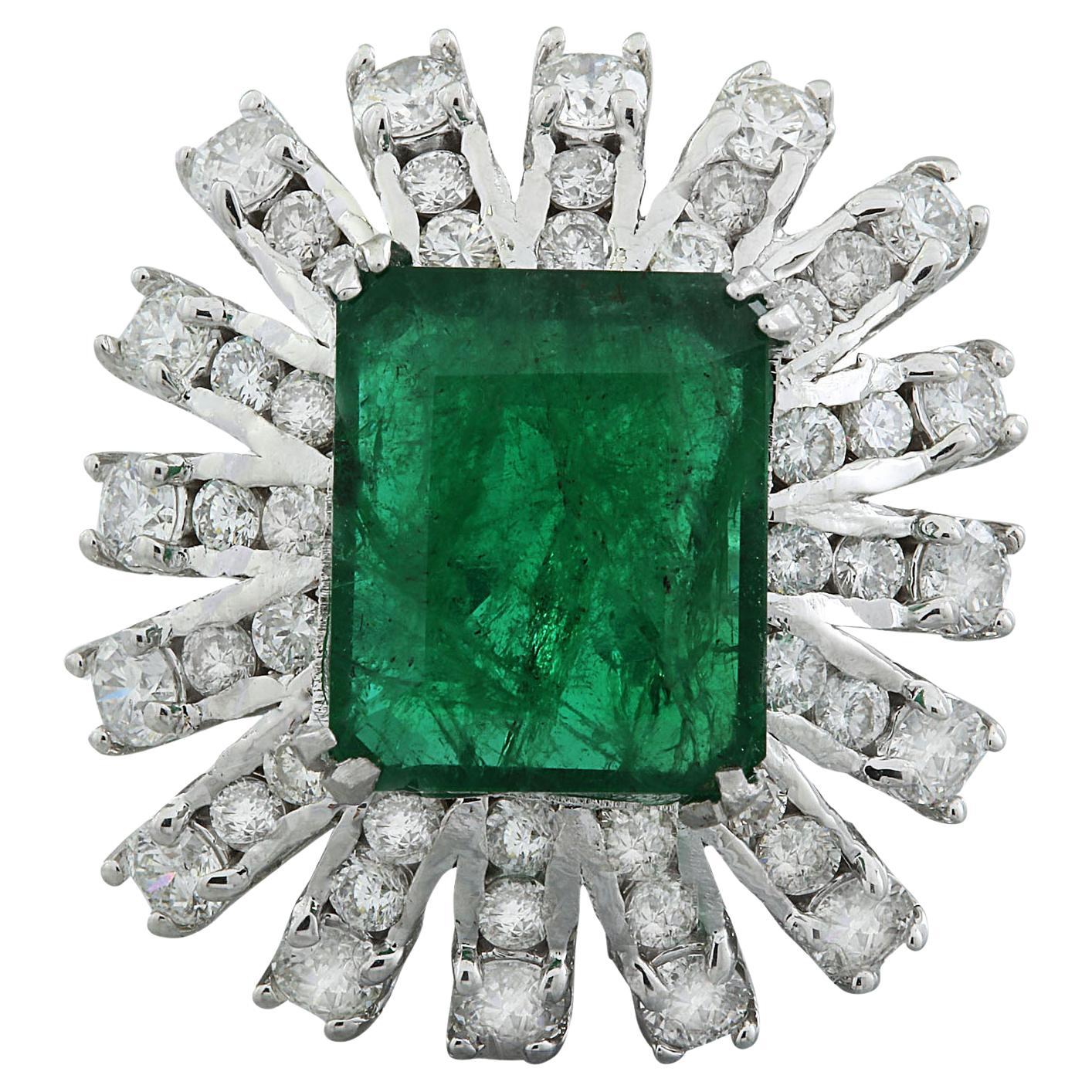 7.60 Carat Natural Emerald 14 Karat Solid White Gold Diamond Ring For Sale