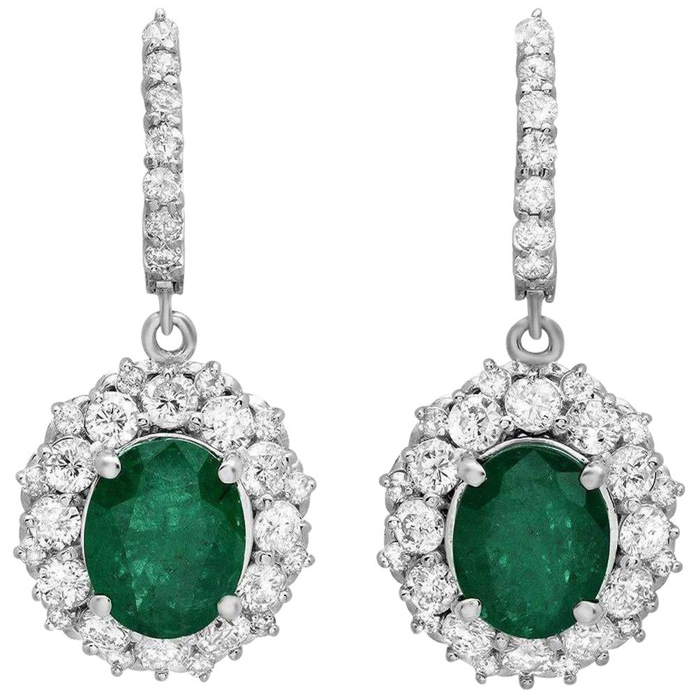 7.60 Carat Natural Emerald and Diamond 14 Karat Solid White Gold Earrings