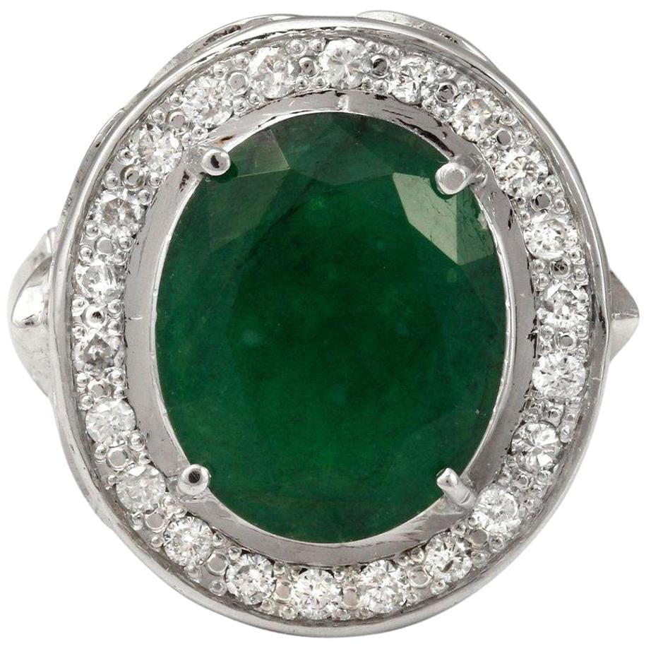 Ring aus 14 Karat massivem Weißgold mit 7,60 Karat natürlichem Smaragd und Diamant
