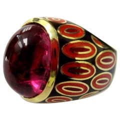 7.60 ct. Rubellite Tourmaline Cabochon Oval and Enamel 18k Gold Bezel Dome Ring