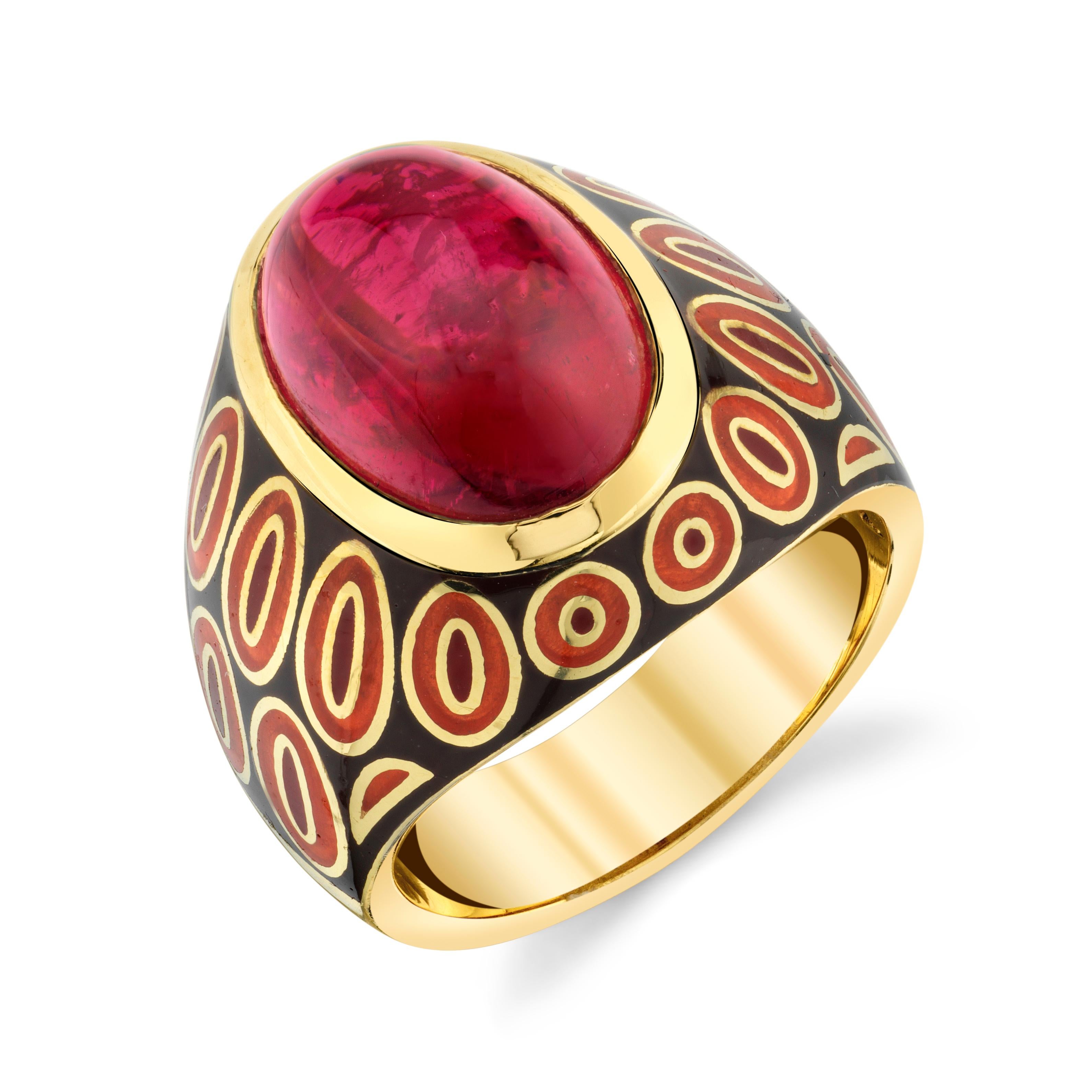 7.60 Carat Rubellite Tourmaline Cabochon and Enamel Dome Ring in 18k Gold For Sale 4