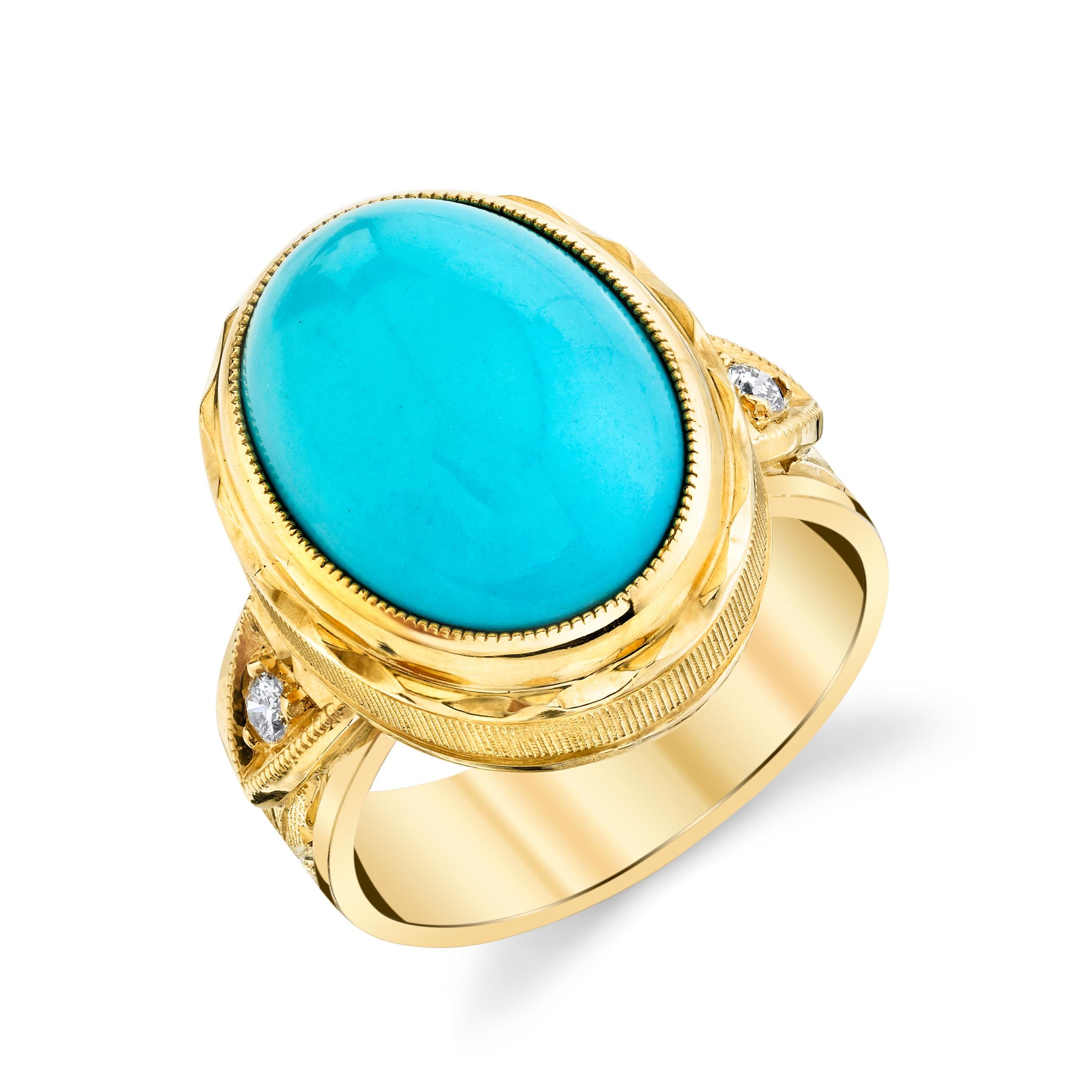 7.60 ct. Sleeping Beauty Mine Turquoise Cabochon, Diamond 18k Gold Drop Earrings In New Condition In Los Angeles, CA