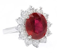 7.60 Carats Impressive Red Ruby and Diamond 14K Solid White Gold Ring