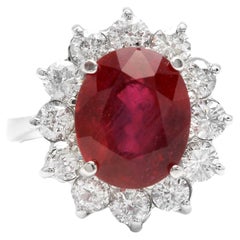 7.60 Carats Impressive Red Ruby and Diamond 14K Solid White Gold Ring