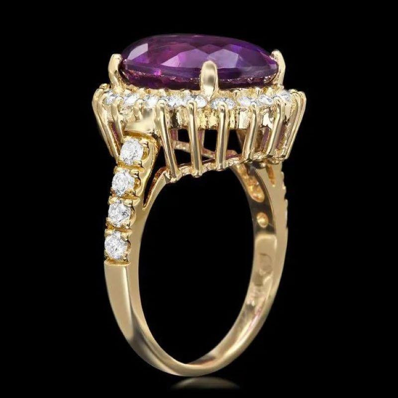 7.60 Carats Natural Amethyst and Diamond 14K Solid Yellow Gold Ring

Total Natural Oval Shaped Amethyst Weights: 6.40 Carats 

Amethyst Measures: Approx. 14.00 x 11.00mm

Natural Round Diamonds Weight: 1.20 Carats (color G-H / Clarity SI1-SI2)

Ring