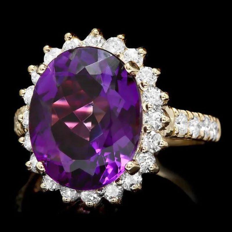 Mixed Cut 7.60 Carats Natural Amethyst and Diamond 14K Solid Yellow Gold Ring For Sale