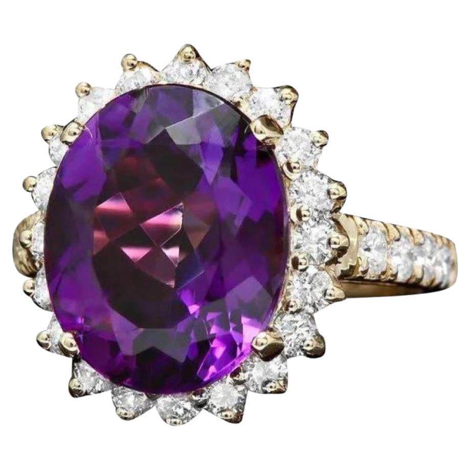 14 Karat massiver Gelbgold Ring mit 7,60 Karat natürlichem Amethyst und Diamant