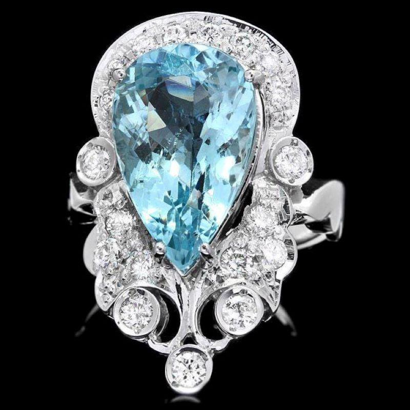 Mixed Cut 7.60 Carats Natural Aquamarine and Diamond 14K Solid White Gold Ring For Sale