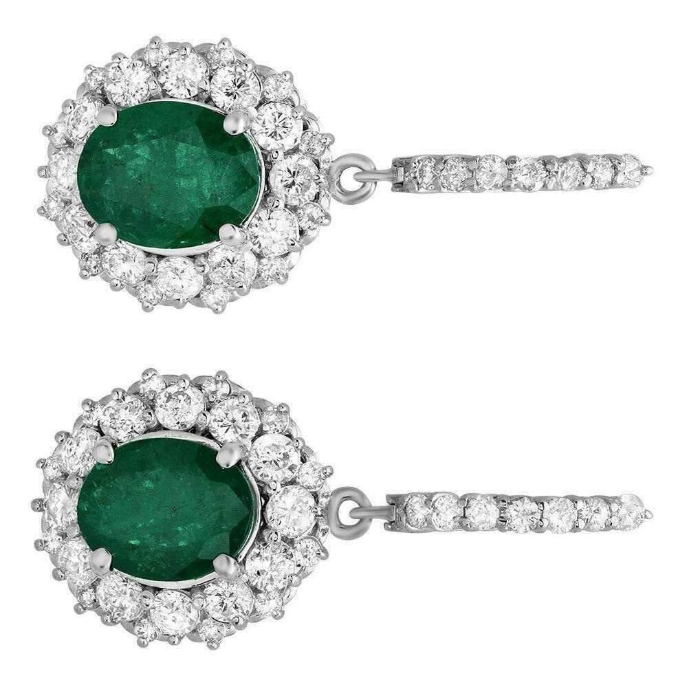 Oval Cut 7.60 Carat Natural Emerald and Diamond 14 Karat Solid White Gold Earrings For Sale