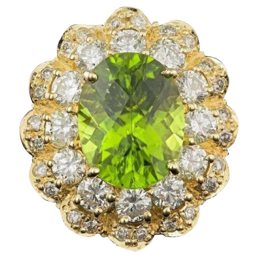 7.60 Carats Natural Peridot and Diamond 14K Solid Yellow Gold Ring For Sale