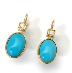 7.60 ct. Sleeping Beauty Mine Turquoise Cabochon, Diamond 18k Gold Drop Earrings