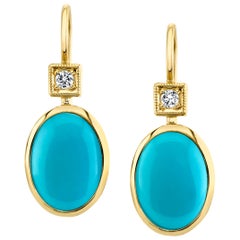 7.60 ct. Sleeping Beauty Mine Turquoise Cabochon, Diamond 18k Gold Drop Earrings