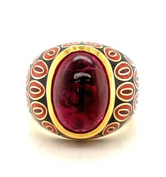 7.60 Carat Rubellite Tourmaline Cabochon and Enamel Dome Ring in 18k Gold