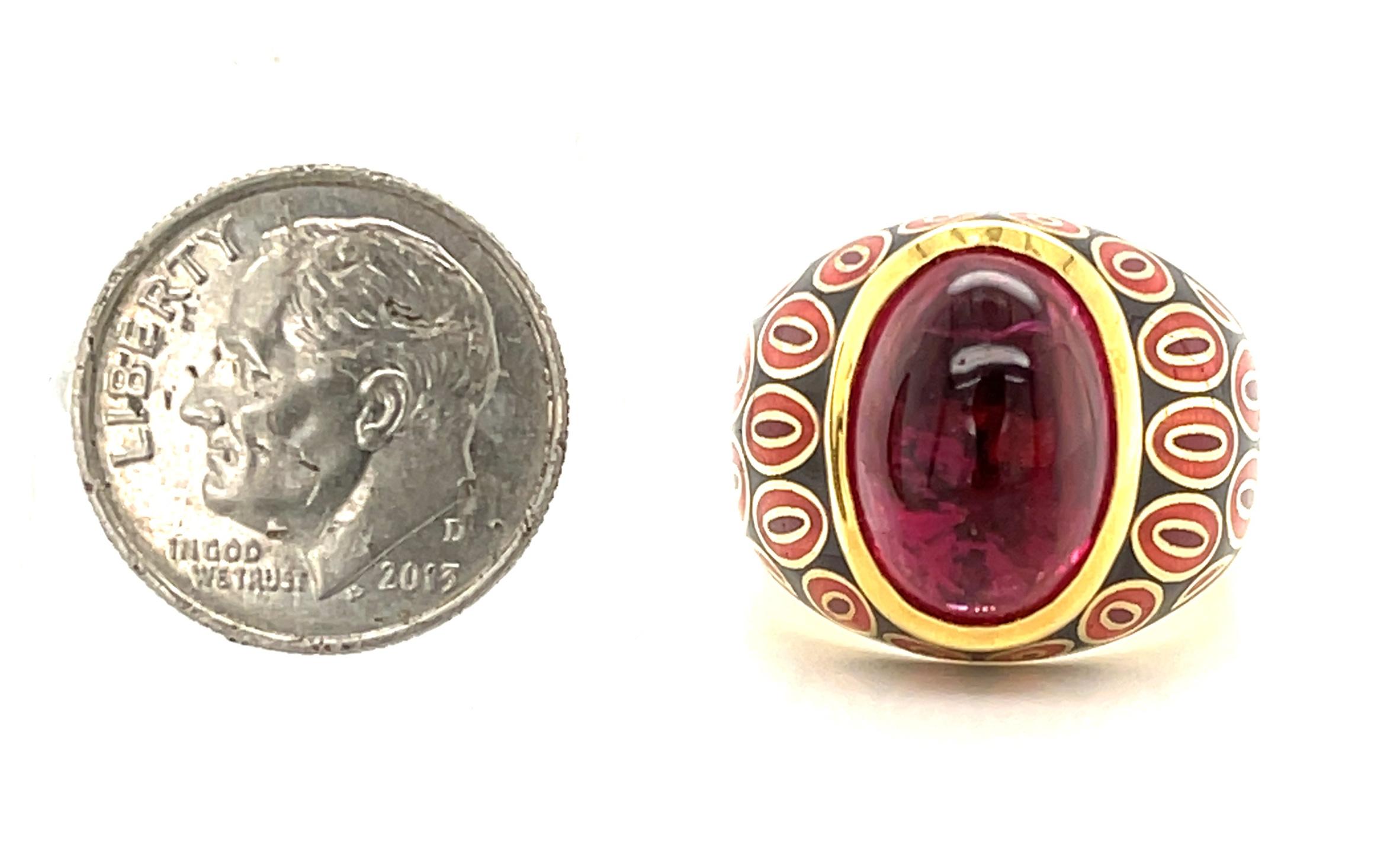 7.60 Carat Rubellite Tourmaline Cabochon and Enamel Dome Ring in 18k Gold In New Condition For Sale In Los Angeles, CA