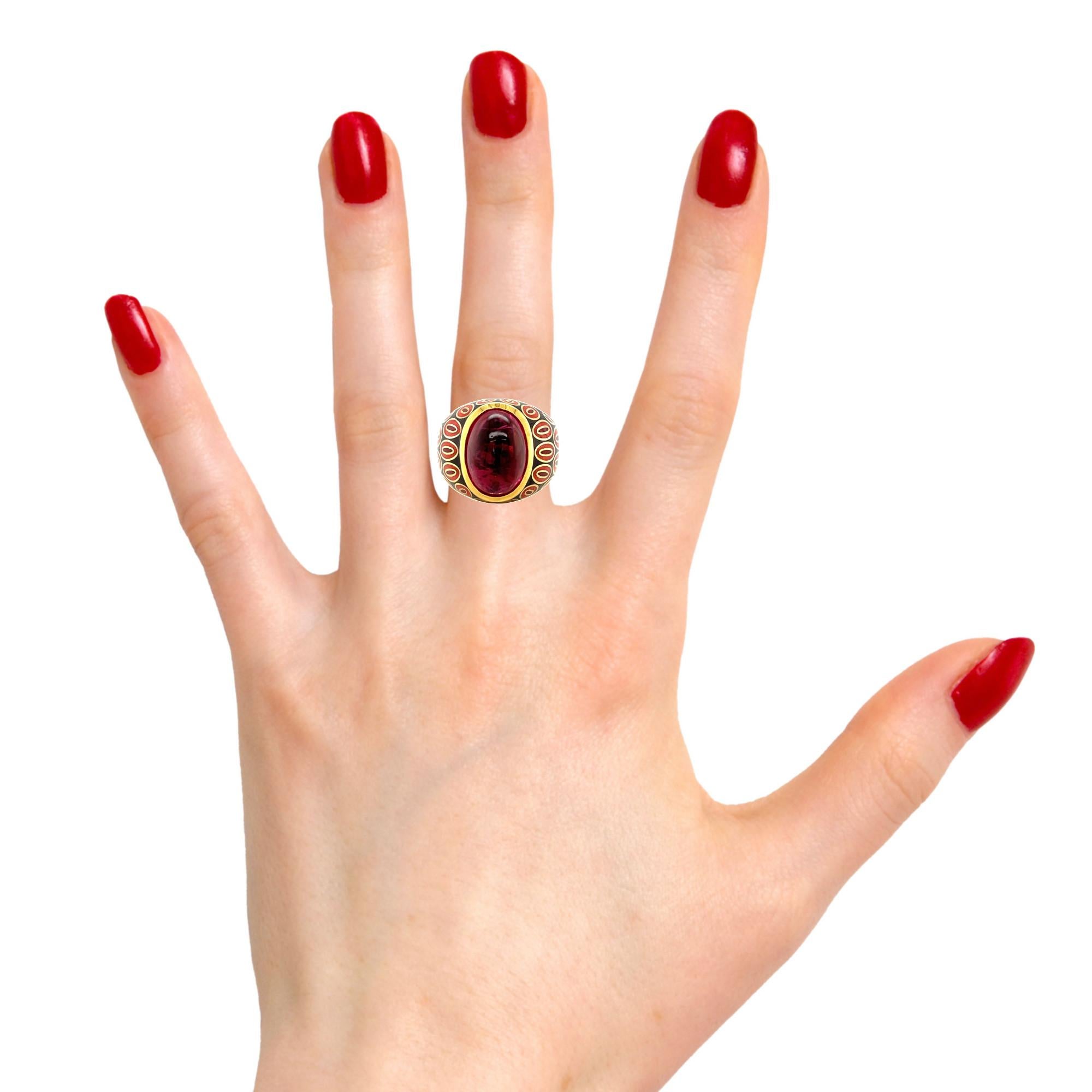 Women's or Men's 7.60 Carat Rubellite Tourmaline Cabochon and Enamel Dome Ring in 18k Gold For Sale