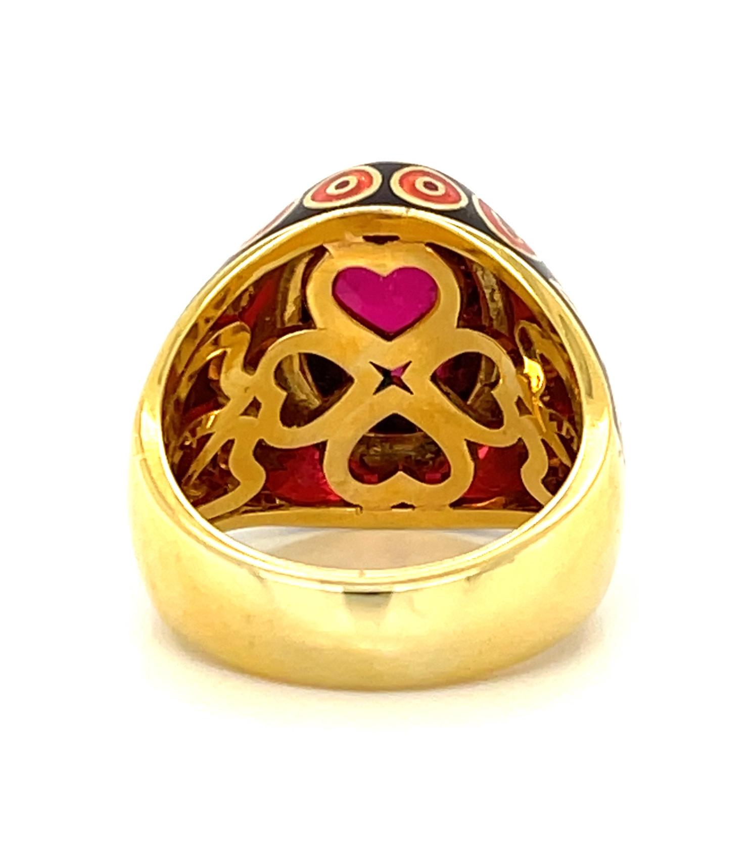 Artisan 7.60 Carat Rubellite Tourmaline Cabochon and Enamel Dome Ring in 18k Gold For Sale