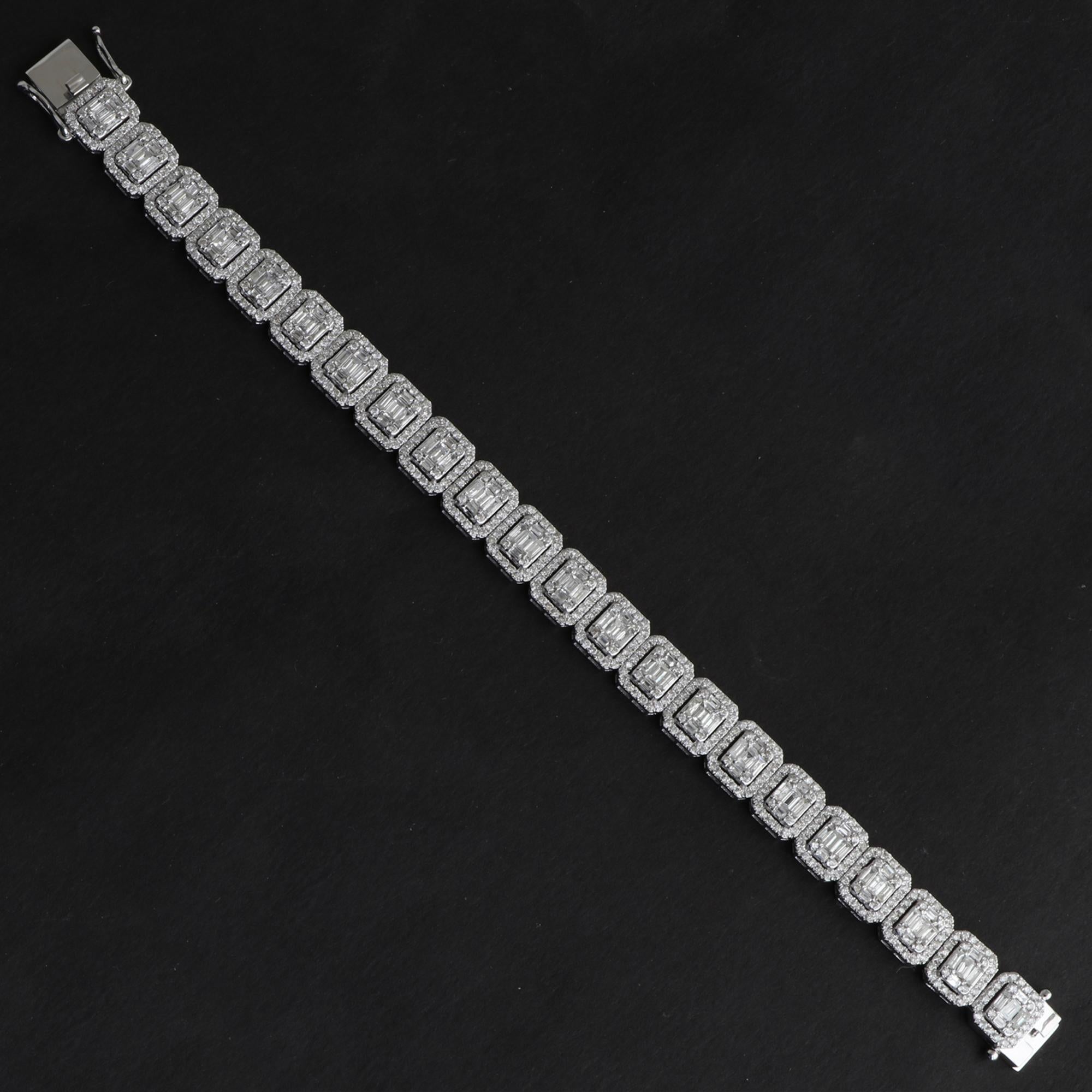 Modern 7.60ct SI Clarity HI Color Baguette Round Diamond Bracelet 14 Karat White Gold For Sale